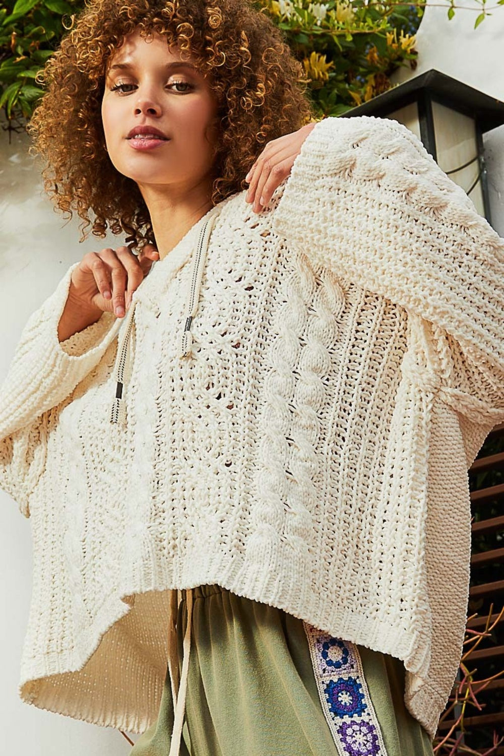 POL Cable Knit Hooded Chenille Sweater-TOPS / DRESSES-[Adult]-[Female]-Cream-S-2022 Online Blue Zone Planet