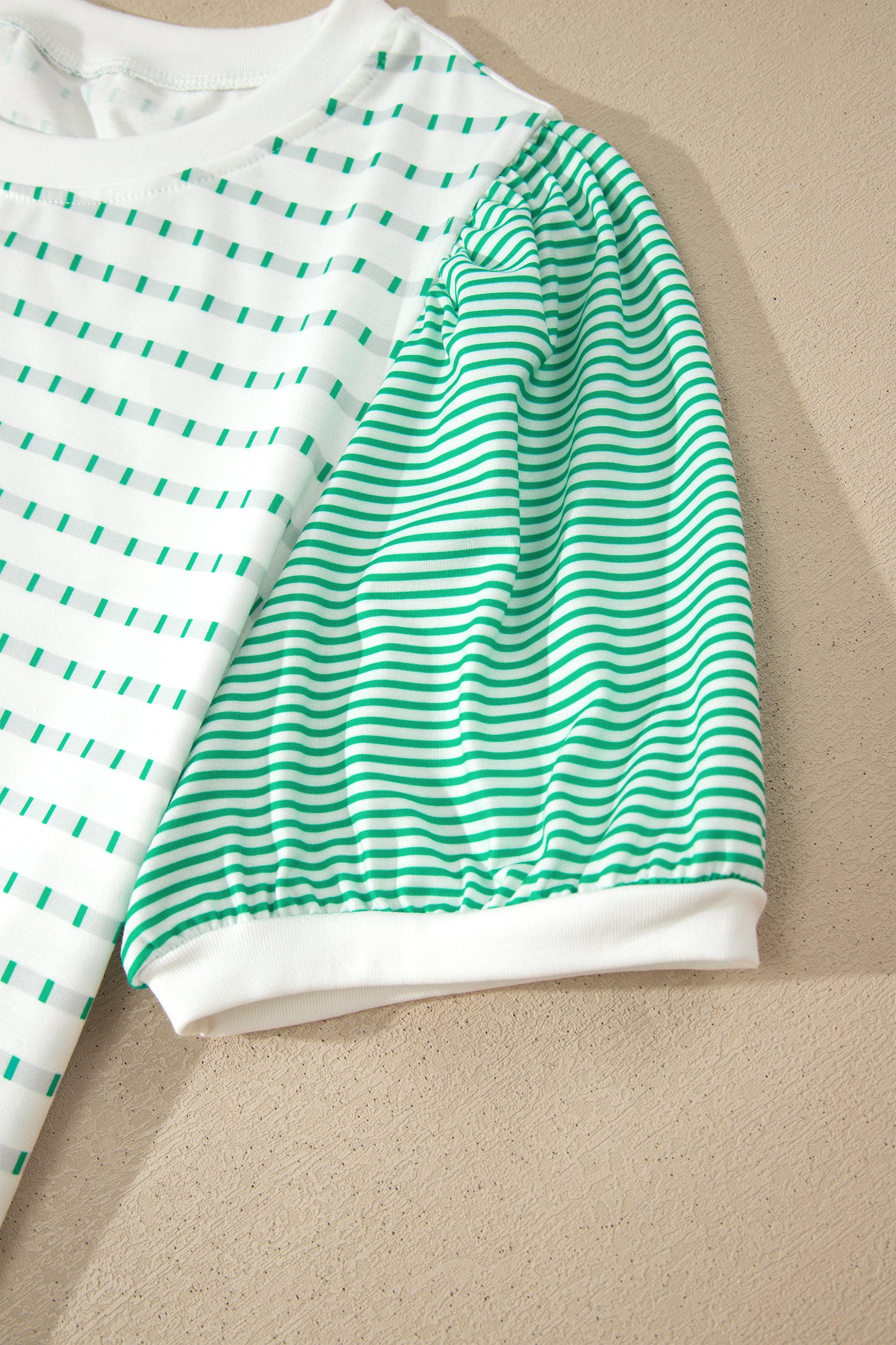 Green Striped Short Puff Sleeve Top-Tops/Tops & Tees-[Adult]-[Female]-2022 Online Blue Zone Planet