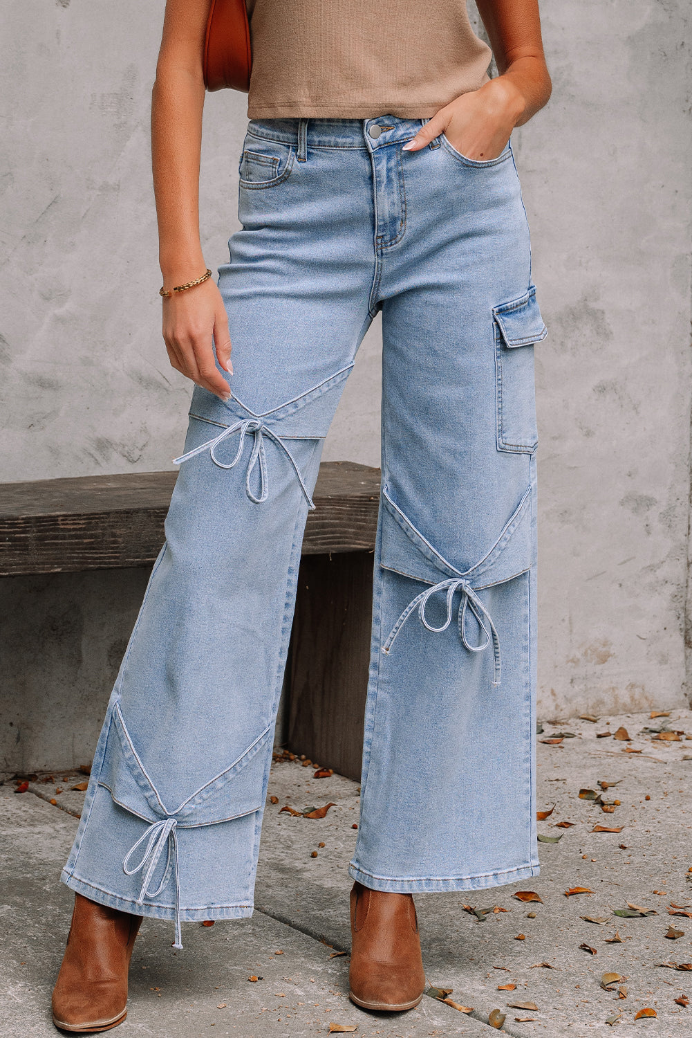 Beau Blue Bowknot Decor Boyfriend Cargo Jeans-Bottoms/Jeans-[Adult]-[Female]-2022 Online Blue Zone Planet