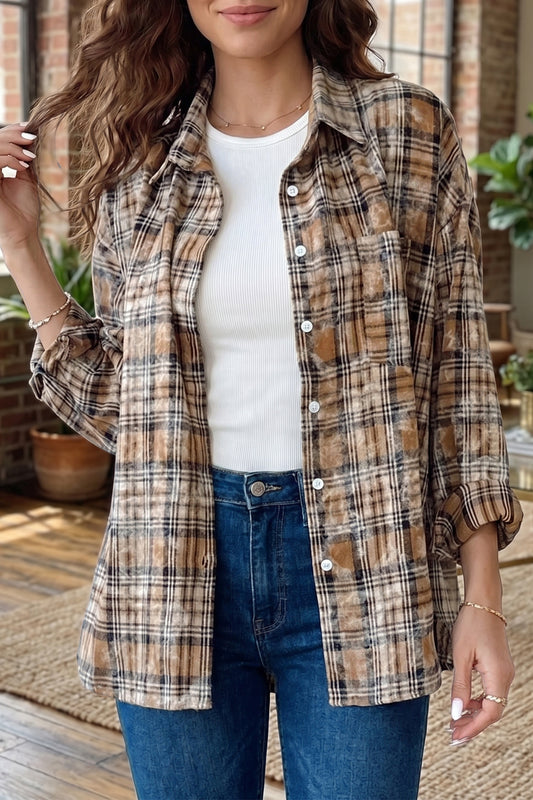 Brown Retro Plaid Long Sleeve Button Down Shirt-Tops/Blouses & Shirts-[Adult]-[Female]-Brown-S-2022 Online Blue Zone Planet