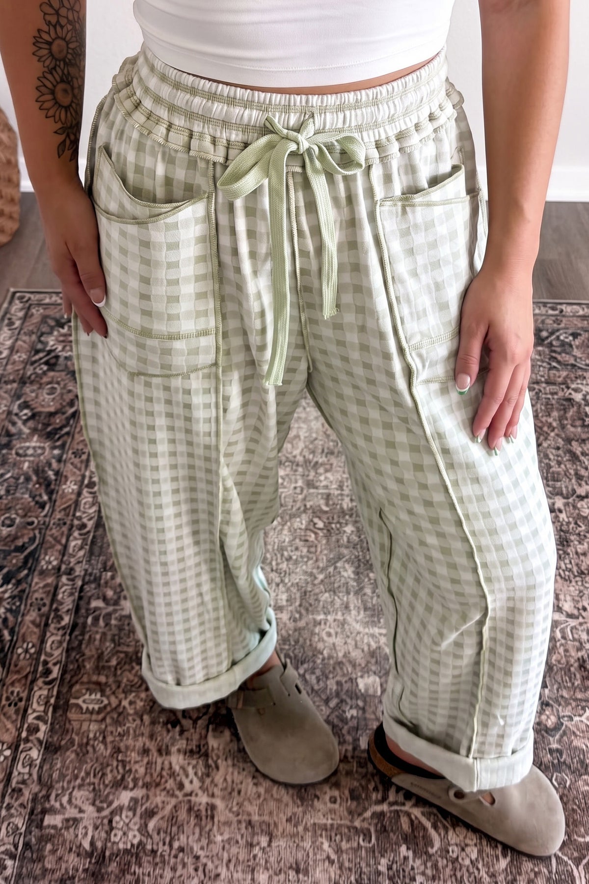 Red Plaid Contrast Trim Drawstring Elastic Waist Shift Pants-Bottoms/Pants & Culotte-[Adult]-[Female]-2022 Online Blue Zone Planet
