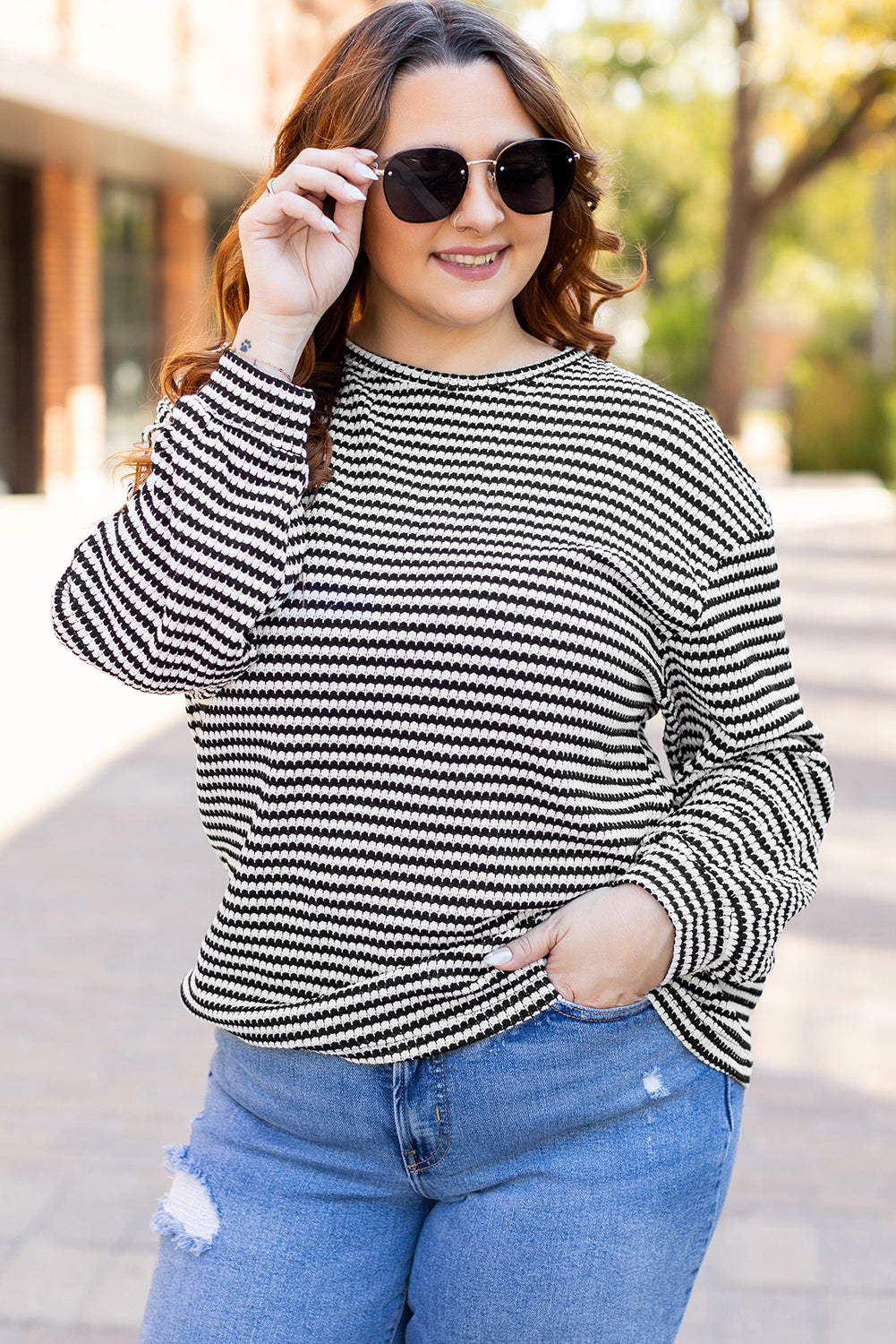 Black Stripe Drop Shoulder Puff Long Sleeve O Neck Plus Size T Shirt-Plus Size/Plus Size Tops/Plus Size Long Sleeve Tops-[Adult]-[Female]-Black Stripe-1X-2022 Online Blue Zone Planet