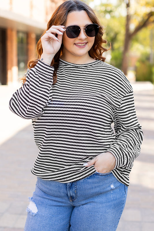 Black Stripe Drop Shoulder Puff Long Sleeve O Neck Plus Size T Shirt-Plus Size/Plus Size Tops/Plus Size Long Sleeve Tops-[Adult]-[Female]-Black Stripe-1X-2022 Online Blue Zone Planet