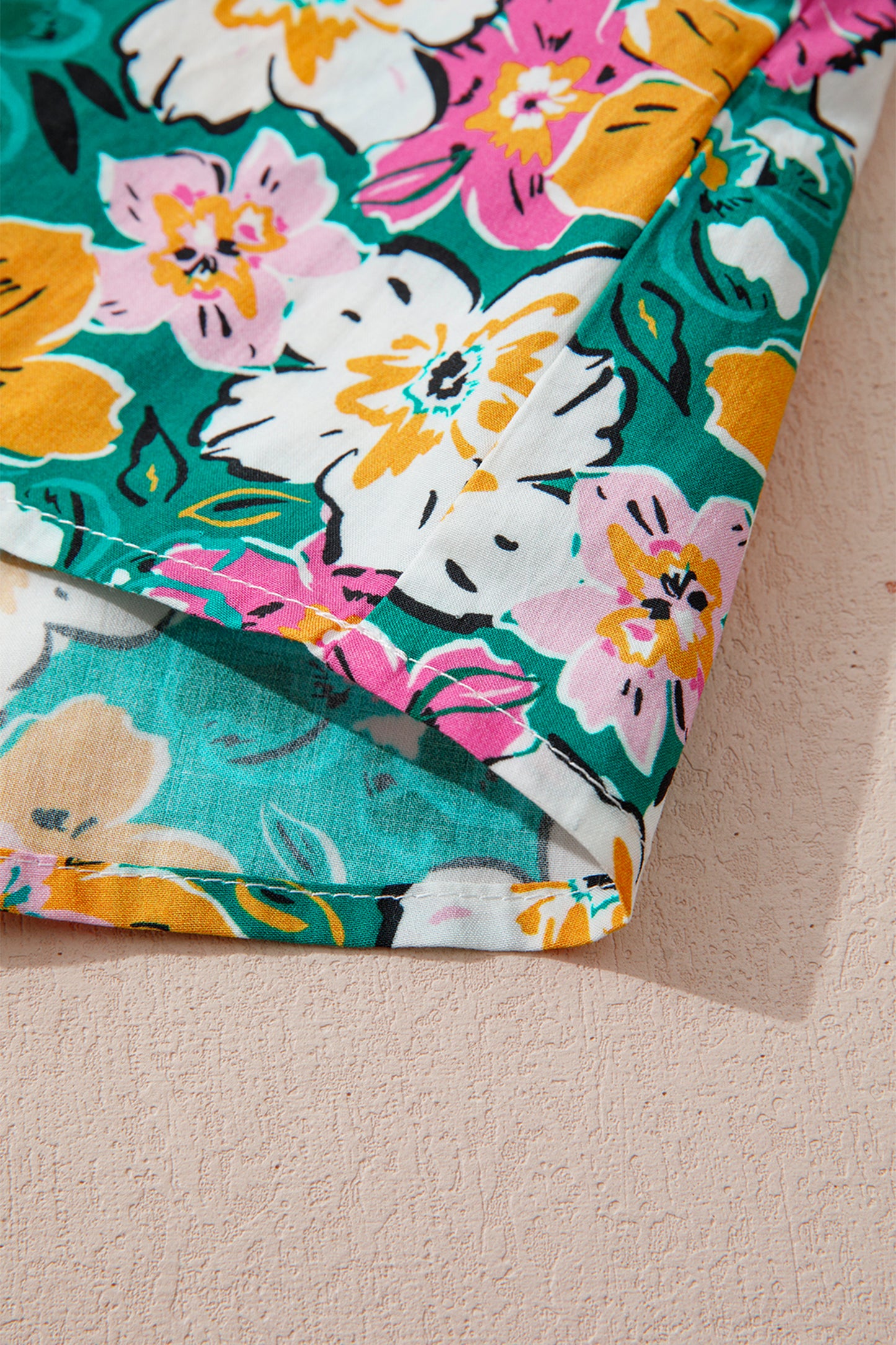 Green Floral Print Contrast Trim Frilled V Neck 3/4 Sleeve Blouse-Tops/Blouses & Shirts-[Adult]-[Female]-2022 Online Blue Zone Planet