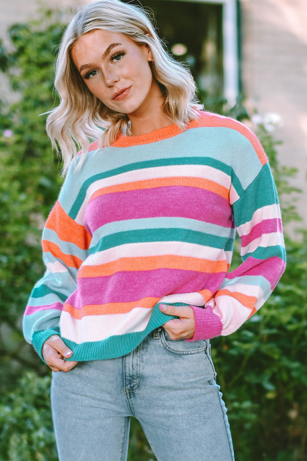 Multicolor Striped Knit Drop Shoulder Puff Sleeve Sweater-TOPS / DRESSES-[Adult]-[Female]-2022 Online Blue Zone Planet