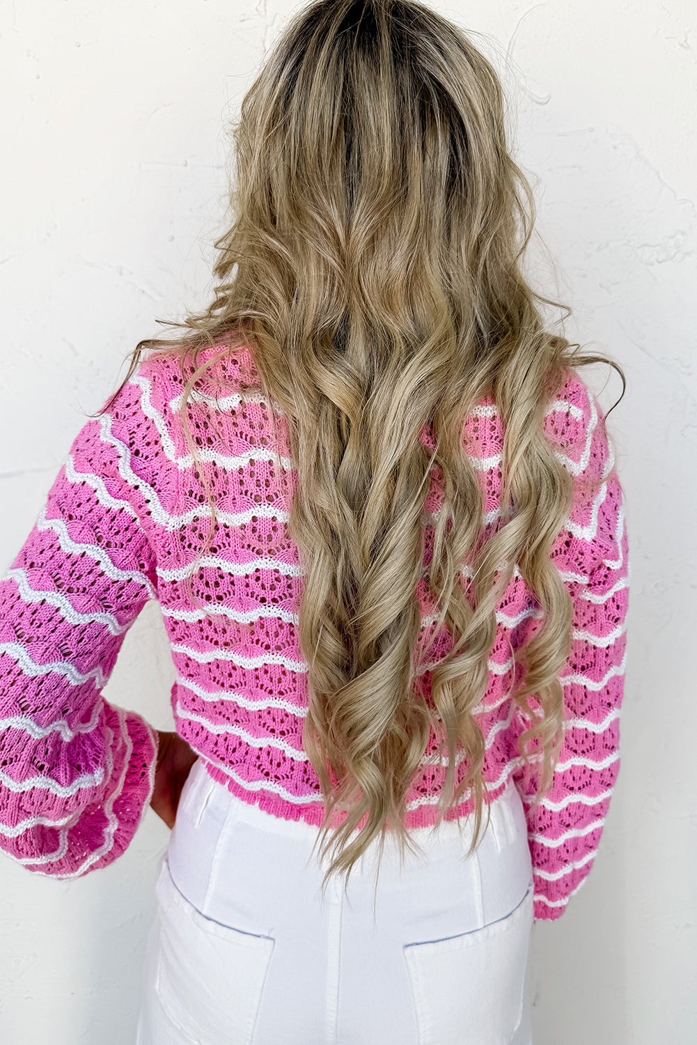 Pink Stripe Crochet Scalloped Trim Lace-Up Front Cropped Cardigan-TOPS / DRESSES-[Adult]-[Female]-2022 Online Blue Zone Planet