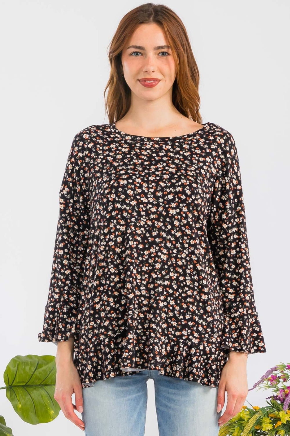 Celeste Full Size Floral Ruffle Detail Top-TOPS / DRESSES-[Adult]-[Female]-2022 Online Blue Zone Planet