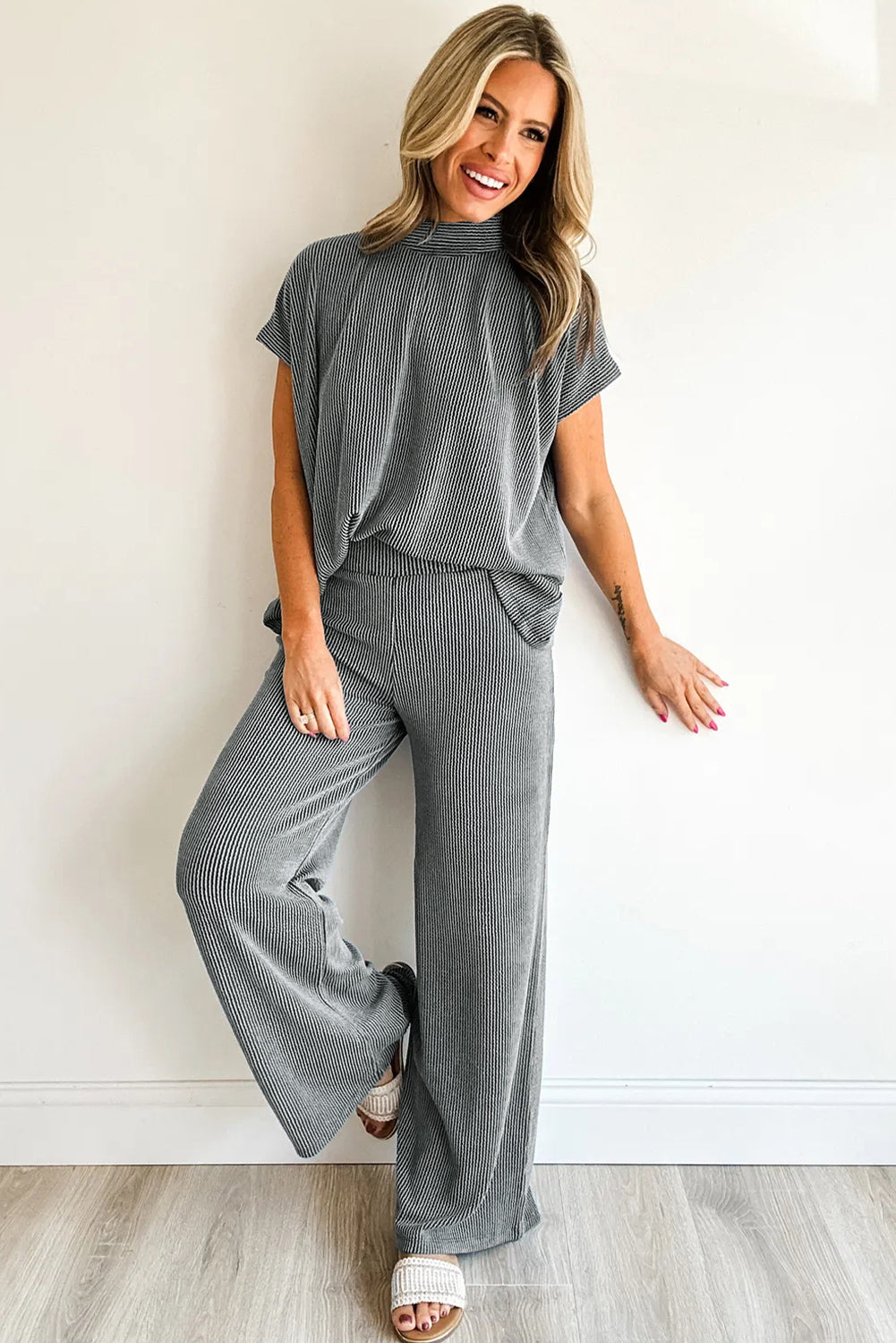 Dark Grey Twisted Ribbed High Neck Loose Tee Elastic High Waist Loose Pant Set-Two Piece Sets/Pant Sets-[Adult]-[Female]-2022 Online Blue Zone Planet