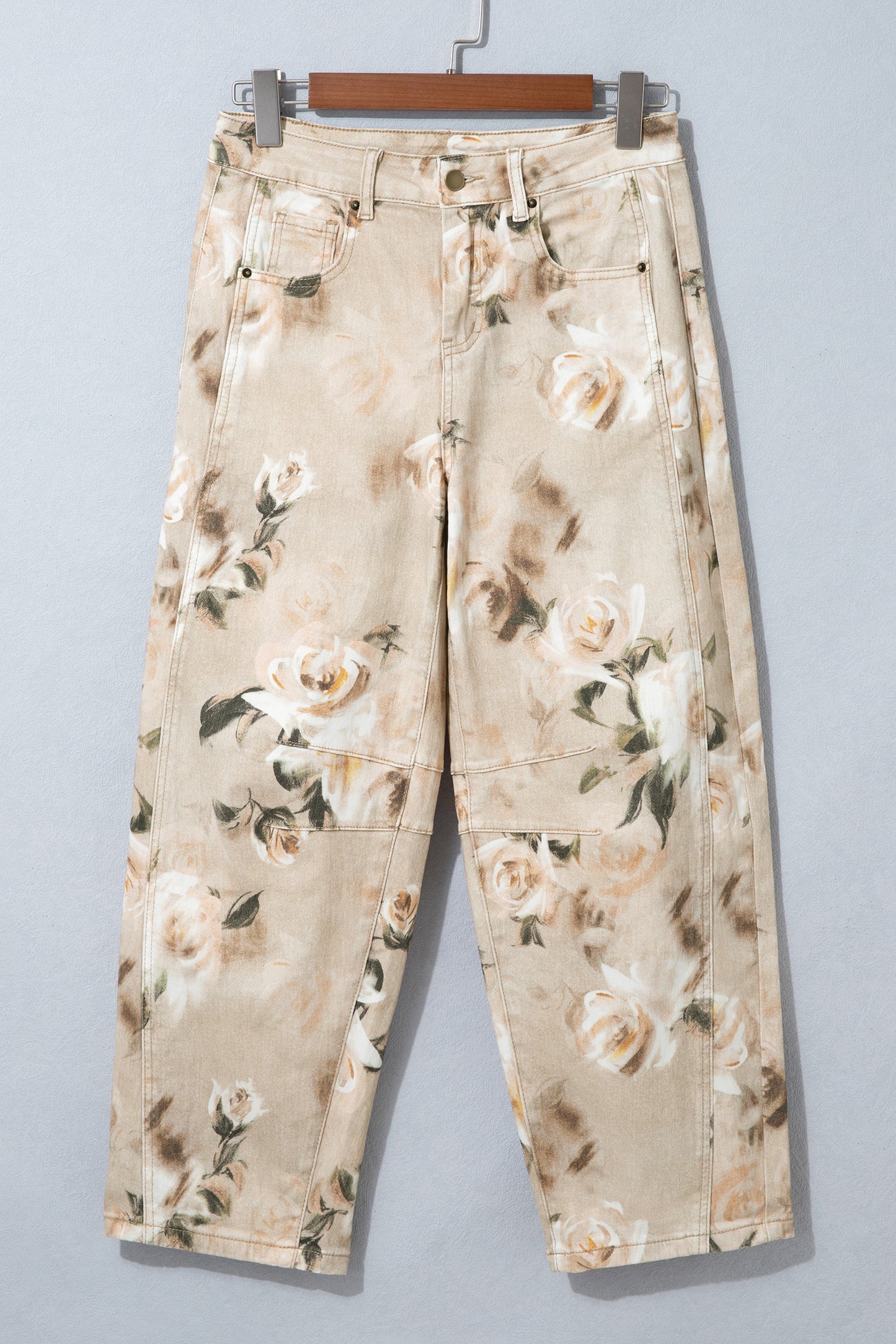 Khaki Retro Floral Print Relaxed Barrel Jeans-Bottoms/Jeans-[Adult]-[Female]-2022 Online Blue Zone Planet