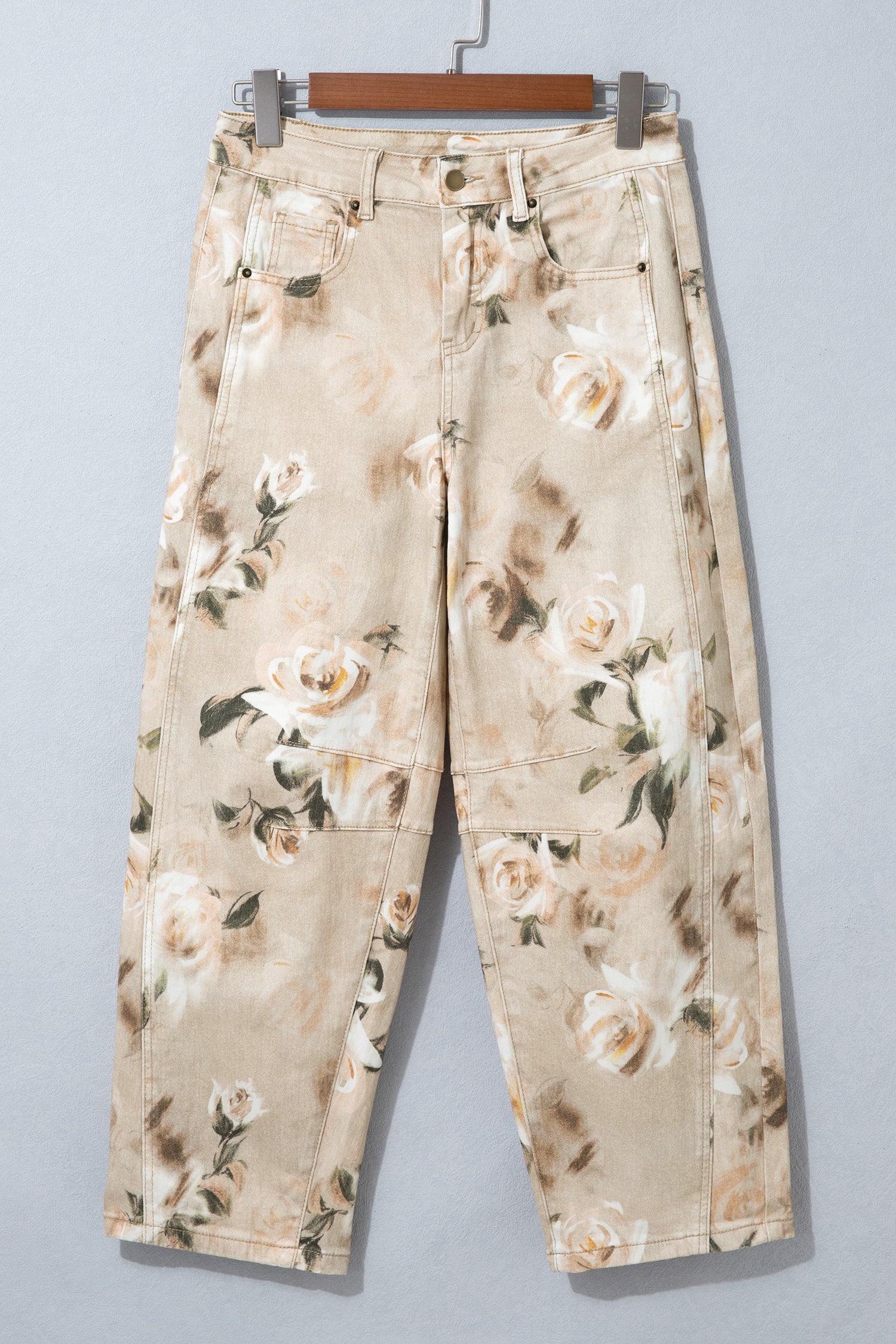 Khaki Retro Floral Print Relaxed Barrel Jeans-Bottoms/Jeans-[Adult]-[Female]-2022 Online Blue Zone Planet