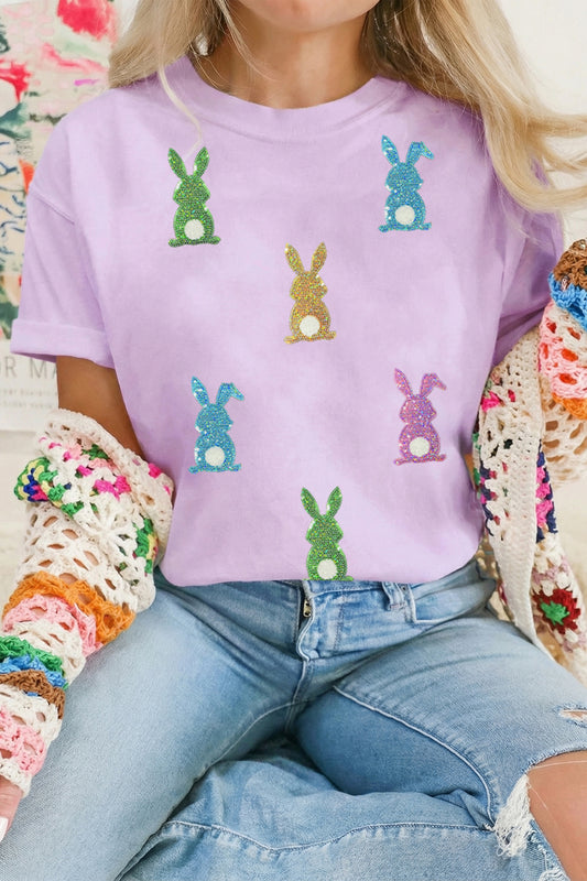 Wisteria Sequin Easter Bunny Patched Tee-Graphic/Graphic Tees-[Adult]-[Female]-Wisteria-S-2022 Online Blue Zone Planet