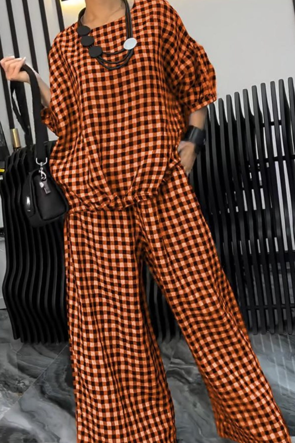 Full Size Plaid Round Neck Half Sleeve Top and Pants Set-TOPS / DRESSES-[Adult]-[Female]-Terracotta-S-2022 Online Blue Zone Planet