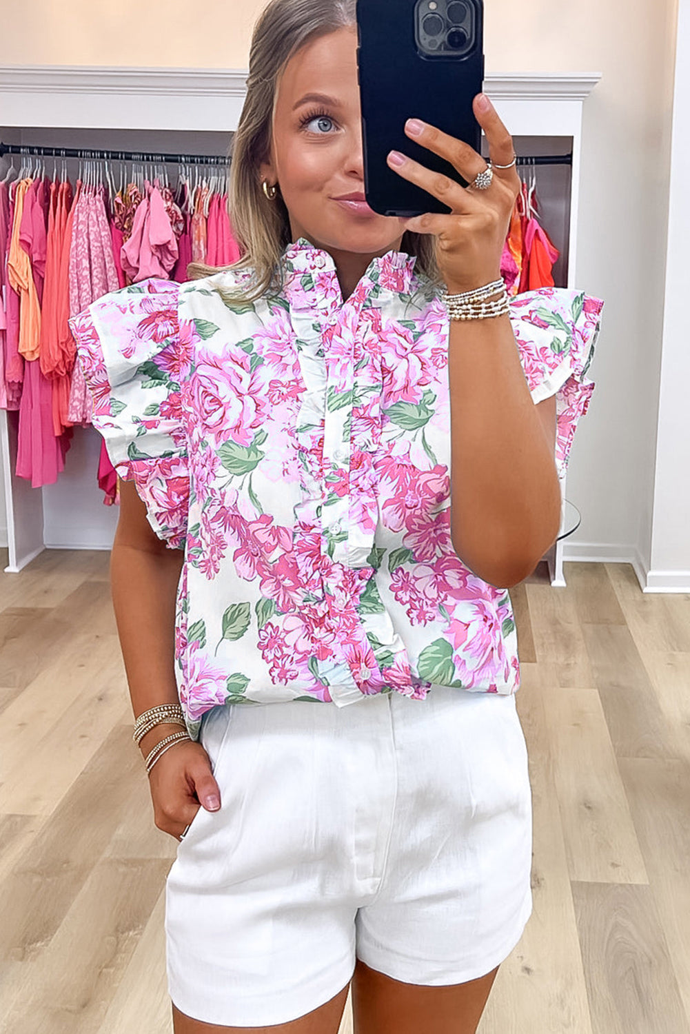 Pink Floral Print Ruffle Sleeve Frilly Button Up Shirt