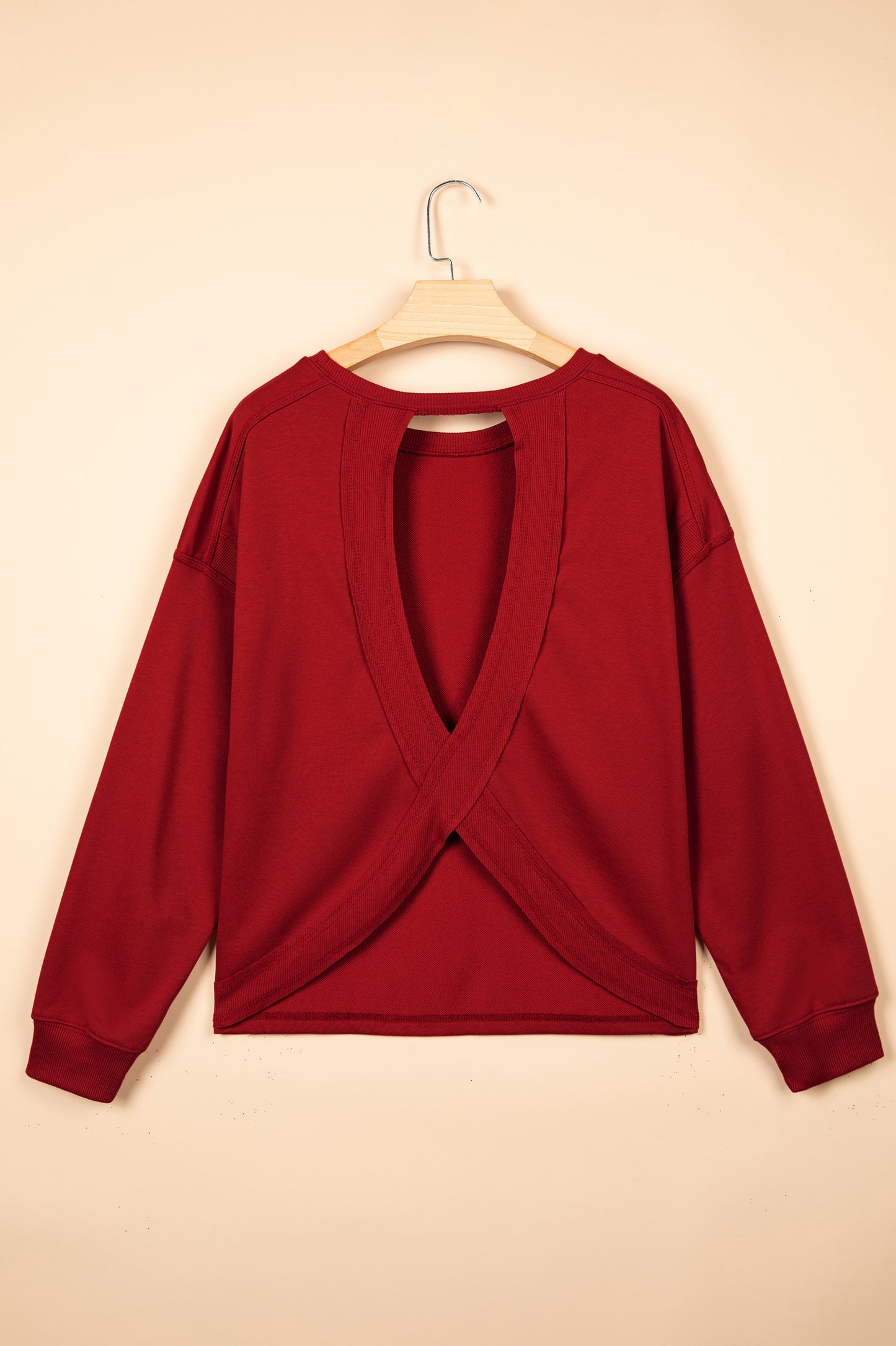 Racing Red Ribbed Detail Drop Shoulder Cutout Back Sweatshirt-Tops/Sweatshirts & Hoodies-[Adult]-[Female]-2022 Online Blue Zone Planet