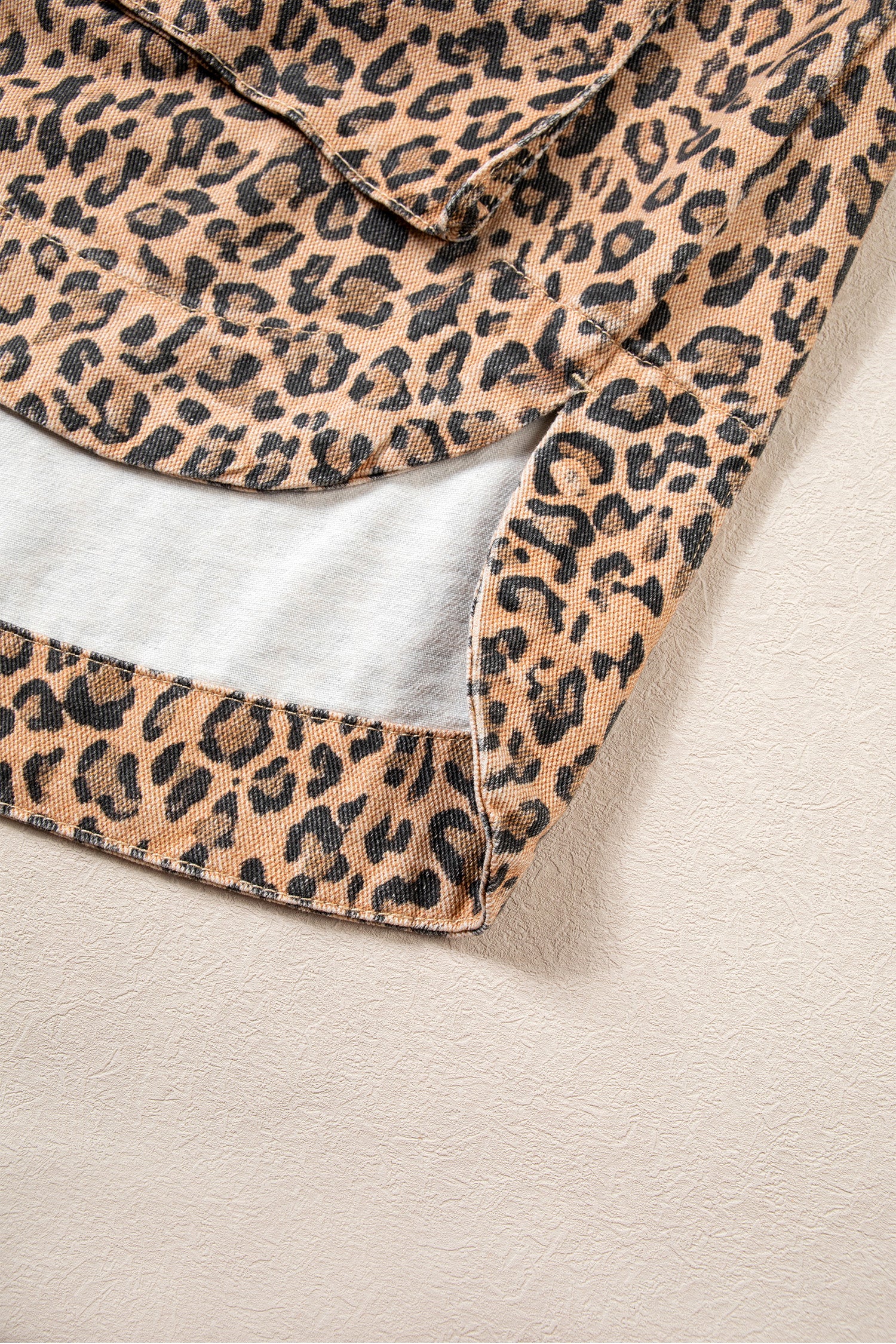 Khaki Leopard Print Collar Long Sleeve Patch Pocket Shift Denim Jacket-Outerwear/Denim jackets-[Adult]-[Female]-2022 Online Blue Zone Planet