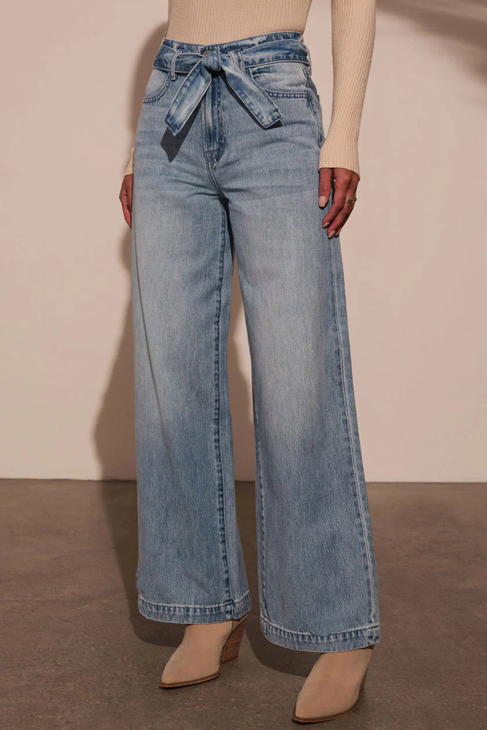 Tied Wide Leg Jeans with Pockets-BOTTOMS SIZES SMALL MEDIUM LARGE-[Adult]-[Female]-2022 Online Blue Zone Planet