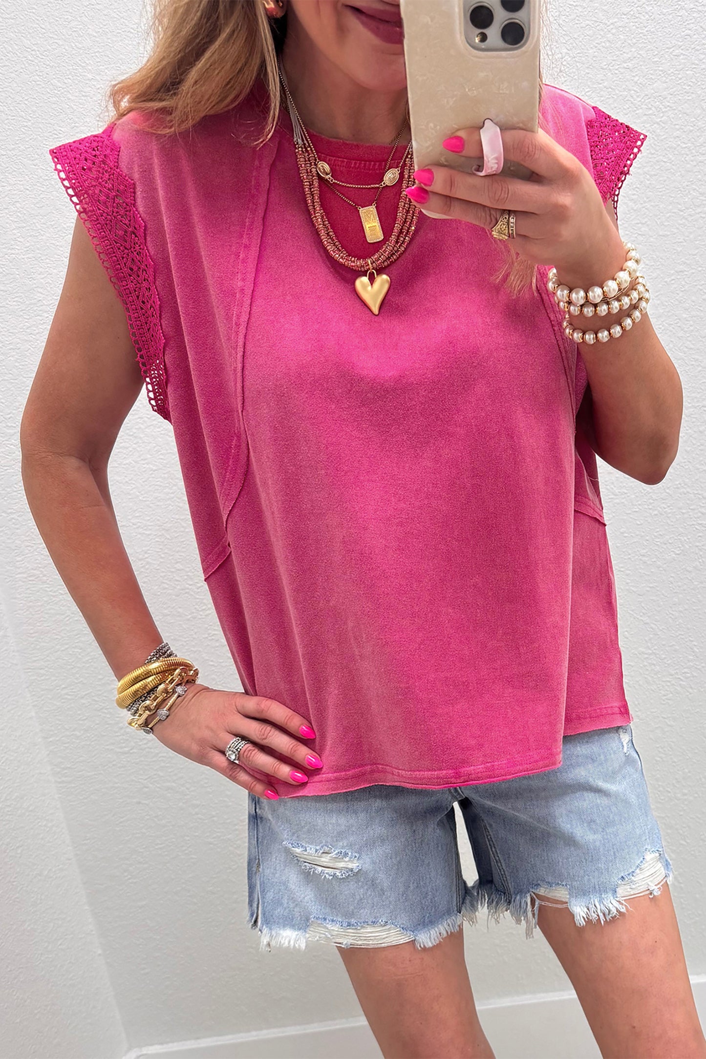 Pink Mineral Wash Raw Seam Detail Lace Trim Cap Sleeve Top-Tops/Tops & Tees-[Adult]-[Female]-2022 Online Blue Zone Planet