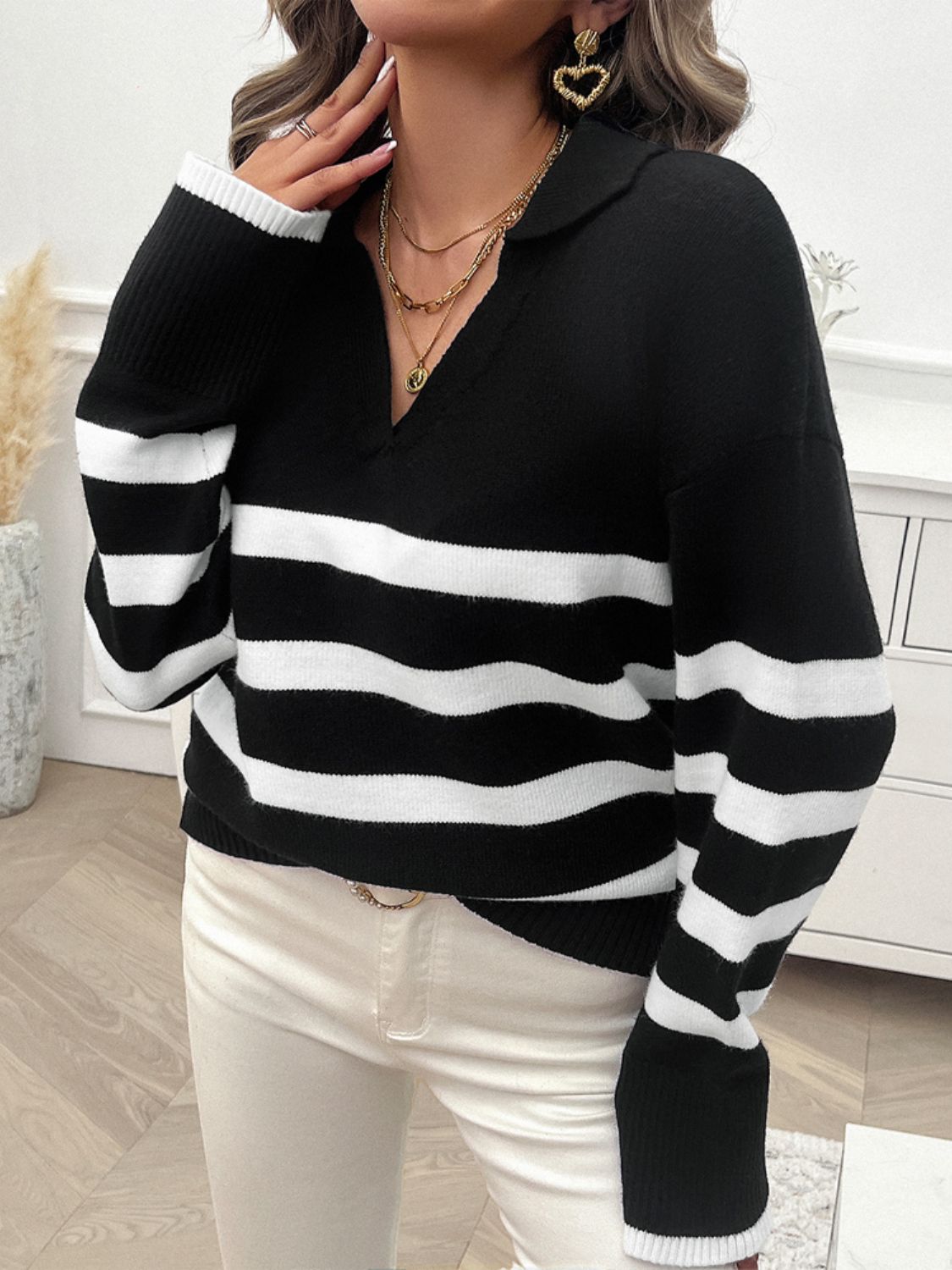 Striped Collared Neck Long Sleeve Sweater-TOPS / DRESSES-[Adult]-[Female]-2022 Online Blue Zone Planet