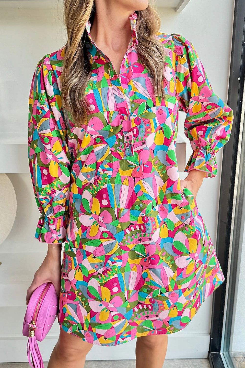 abstract mini dresses Pink Abstract Printed Lantern Sleeve Buttoned Mini Dress