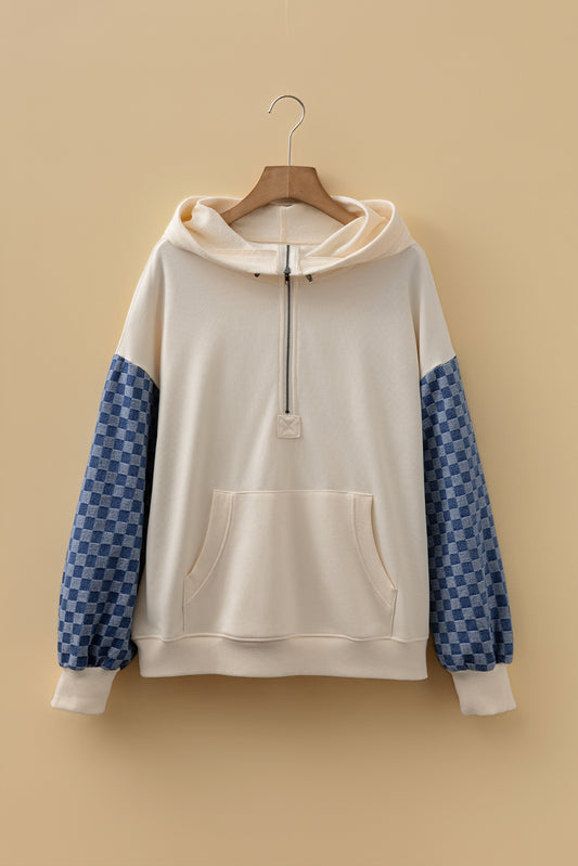 Parchment Checkered Patchwork Kangaroo Pocket Half Zipper Hoodie-Tops/Sweatshirts & Hoodies-[Adult]-[Female]-Parchment-S-2022 Online Blue Zone Planet