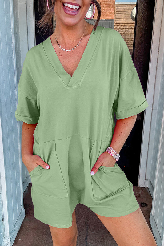 Grass Green Loose Half Sleeve V Neck Knit Romper-Bottoms/Jumpsuits & Rompers-[Adult]-[Female]-Grass Green-S-2022 Online Blue Zone Planet