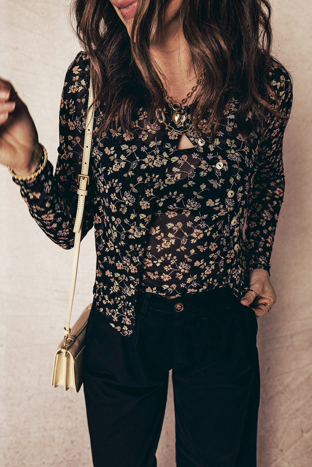 Black Floral Print Mesh Tank Button Front Slim Cardigan 2pcs Set-Tops/Long Sleeve Tops-[Adult]-[Female]-2022 Online Blue Zone Planet