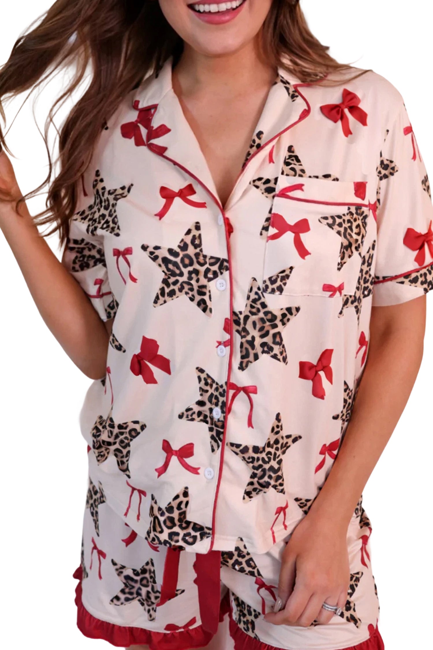 White Leopard Star Ribbon Bow Print Contrast Trim Short Pajama Set-Loungewear & Sleepwear/Sleepwear-[Adult]-[Female]-2022 Online Blue Zone Planet