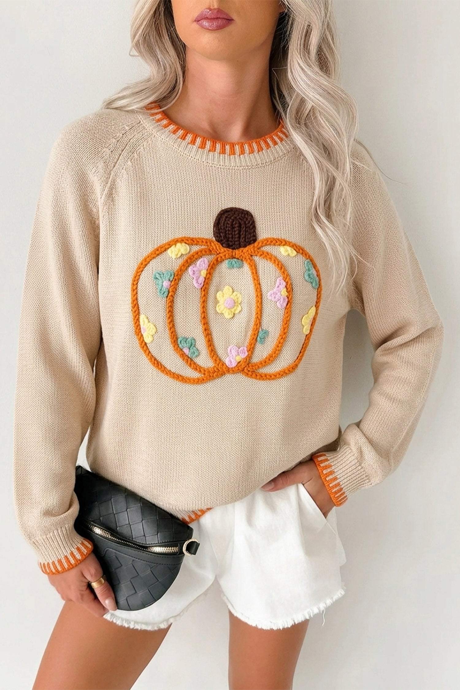 Parchment Floral Embroidery Pumpkin Long Sleeve Round Neck Sweater-Sweaters & Cardigans/Sweaters-[Adult]-[Female]-2022 Online Blue Zone Planet