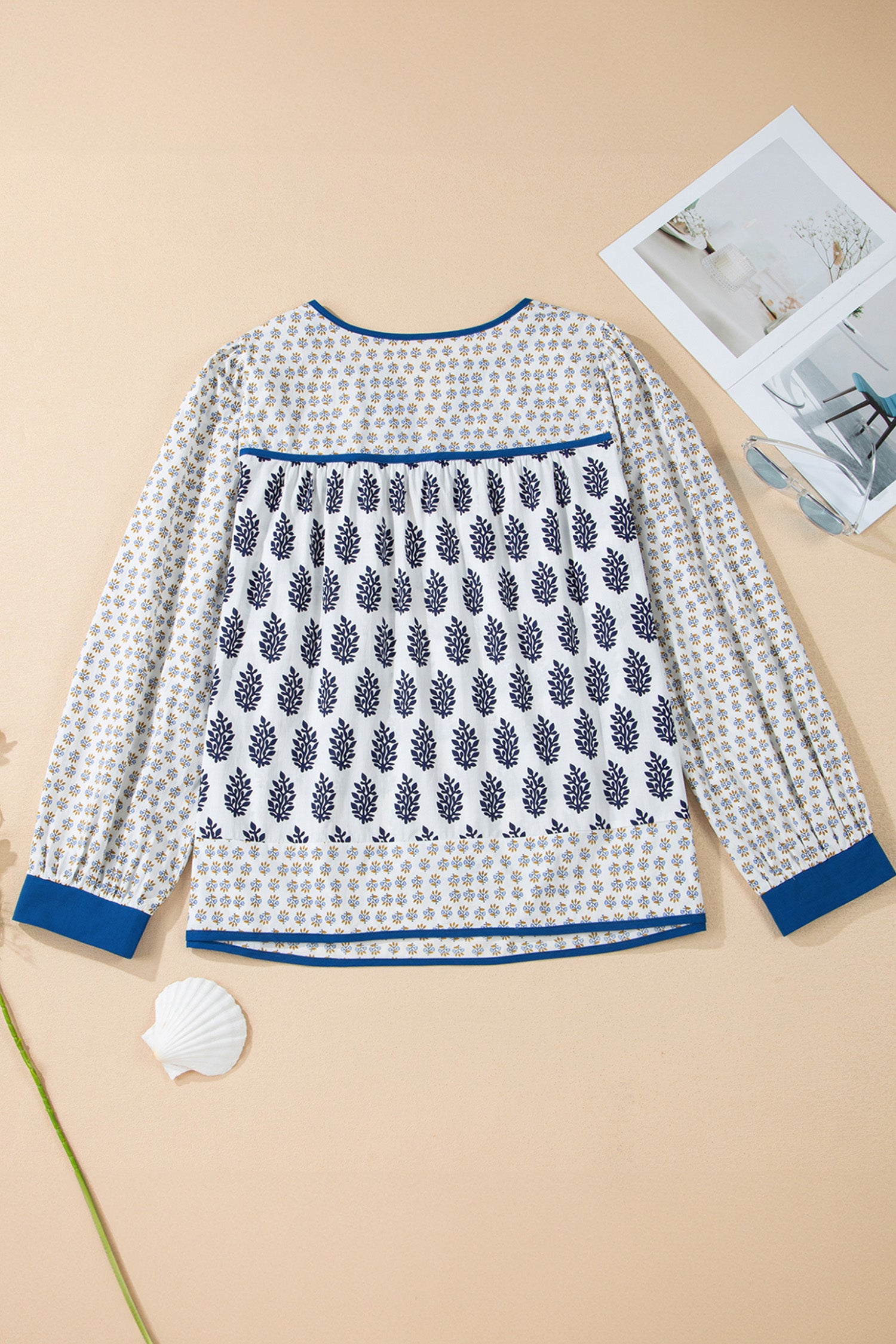 White Plus Size Boho Floral Print Contrast Trim Split Neck Puff Sleeve Patchwork Blouse-Plus Size/Plus Size Tops/Plus Size Blouses & Shirts-[Adult]-[Female]-2022 Online Blue Zone Planet