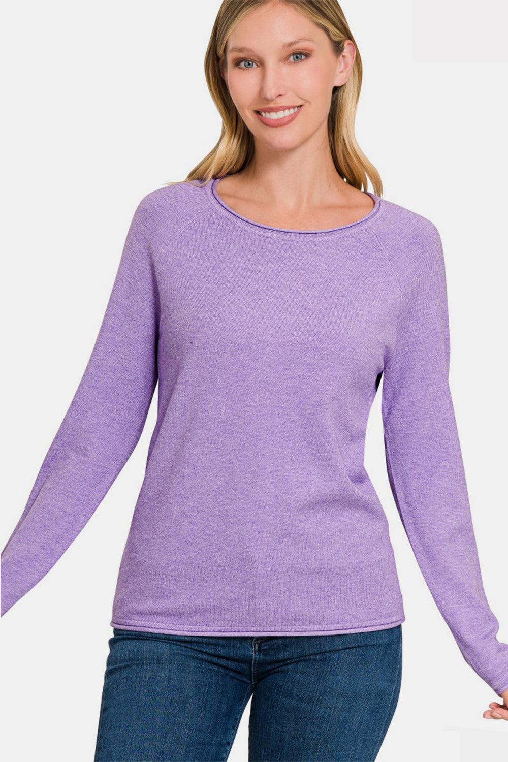 Blue Zone Planet | Zenana Rolled Round Neck Long Sleeve Sweater-TOPS / DRESSES-[Adult]-[Female]-HLAVENDER-S-2022 Online Blue Zone Planet