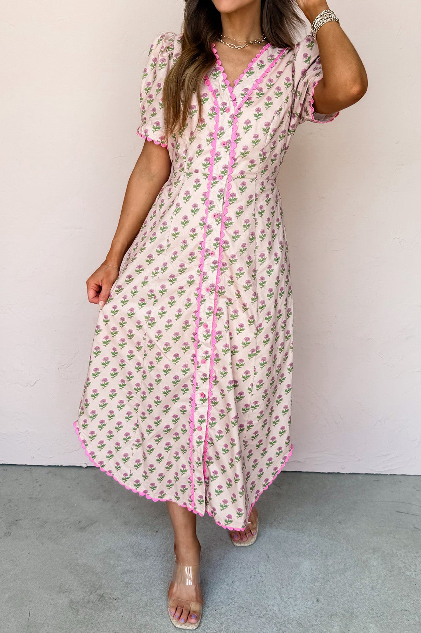 Pink Floral Print V Neck Scallop Trim Button Front Short Sleeve Long Dress-Dresses/Floral Dresses-[Adult]-[Female]-Pink-S-2022 Online Blue Zone Planet