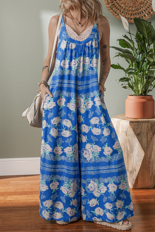 Blue Floral Print Wide Leg Sleeveless Jumpsuit-Bottoms/Jumpsuits & Rompers-[Adult]-[Female]-Blue-S-2022 Online Blue Zone Planet