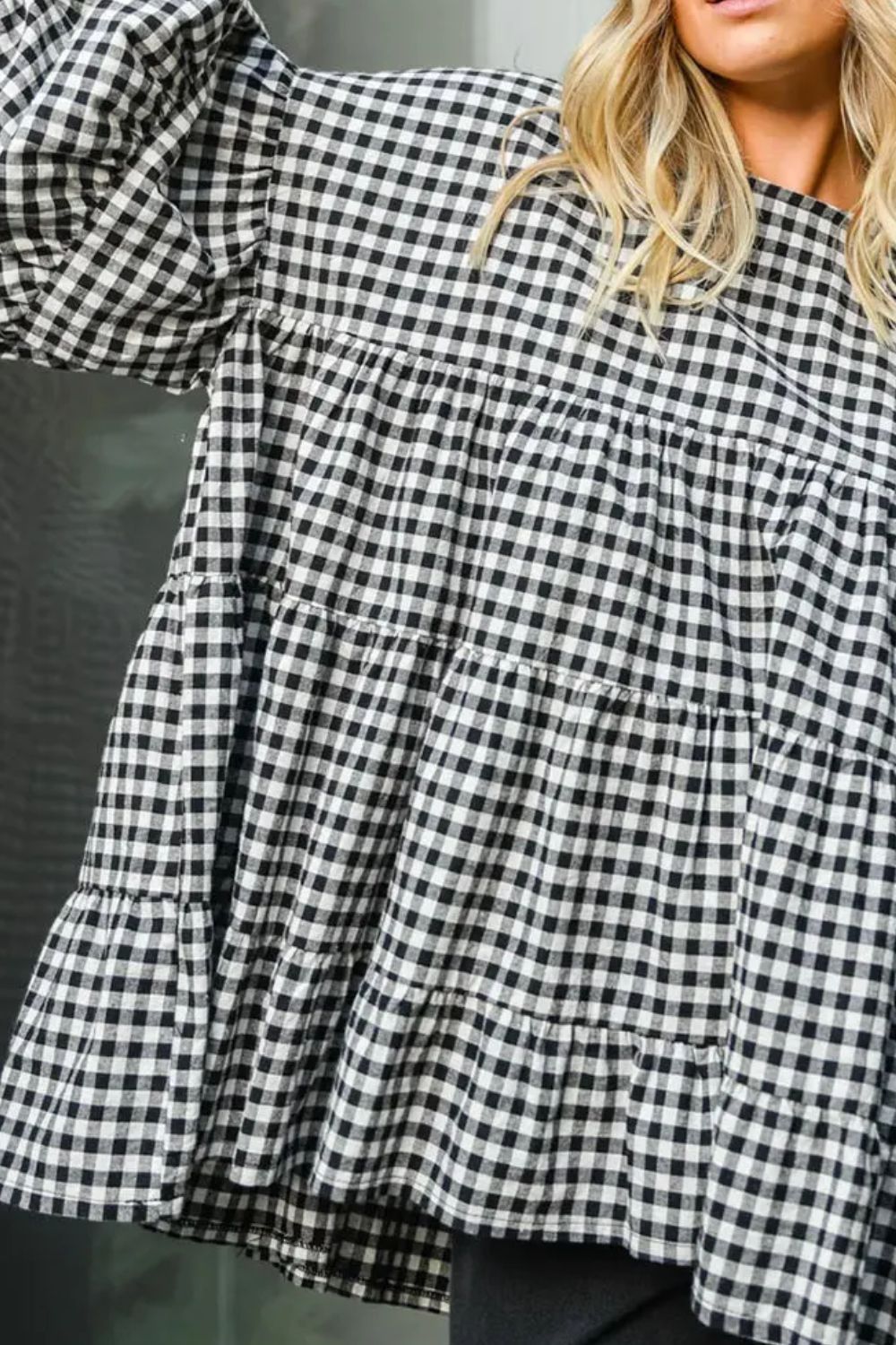 Tiered Plaid Round Neck Long Sleeve Blouse-TOPS / DRESSES-[Adult]-[Female]-2022 Online Blue Zone Planet