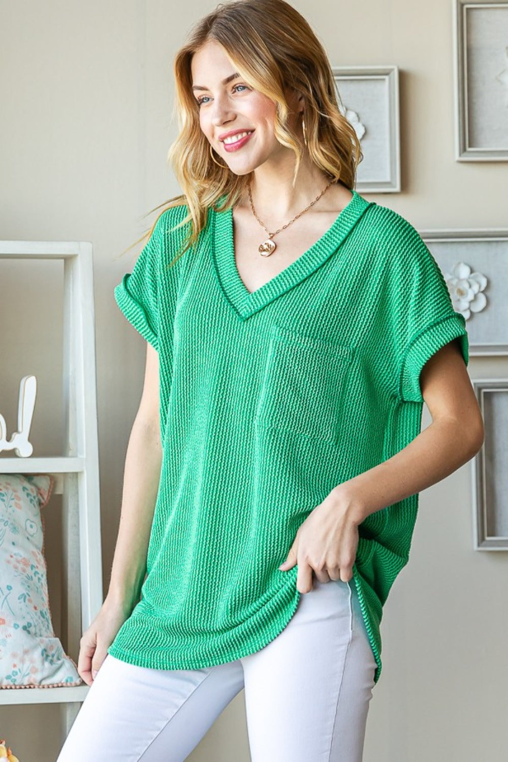 Heimish Full Size Front Pocket Short Sleeve Ribbed Top-TOPS / DRESSES-[Adult]-[Female]-Kelly Green-S-2022 Online Blue Zone Planet