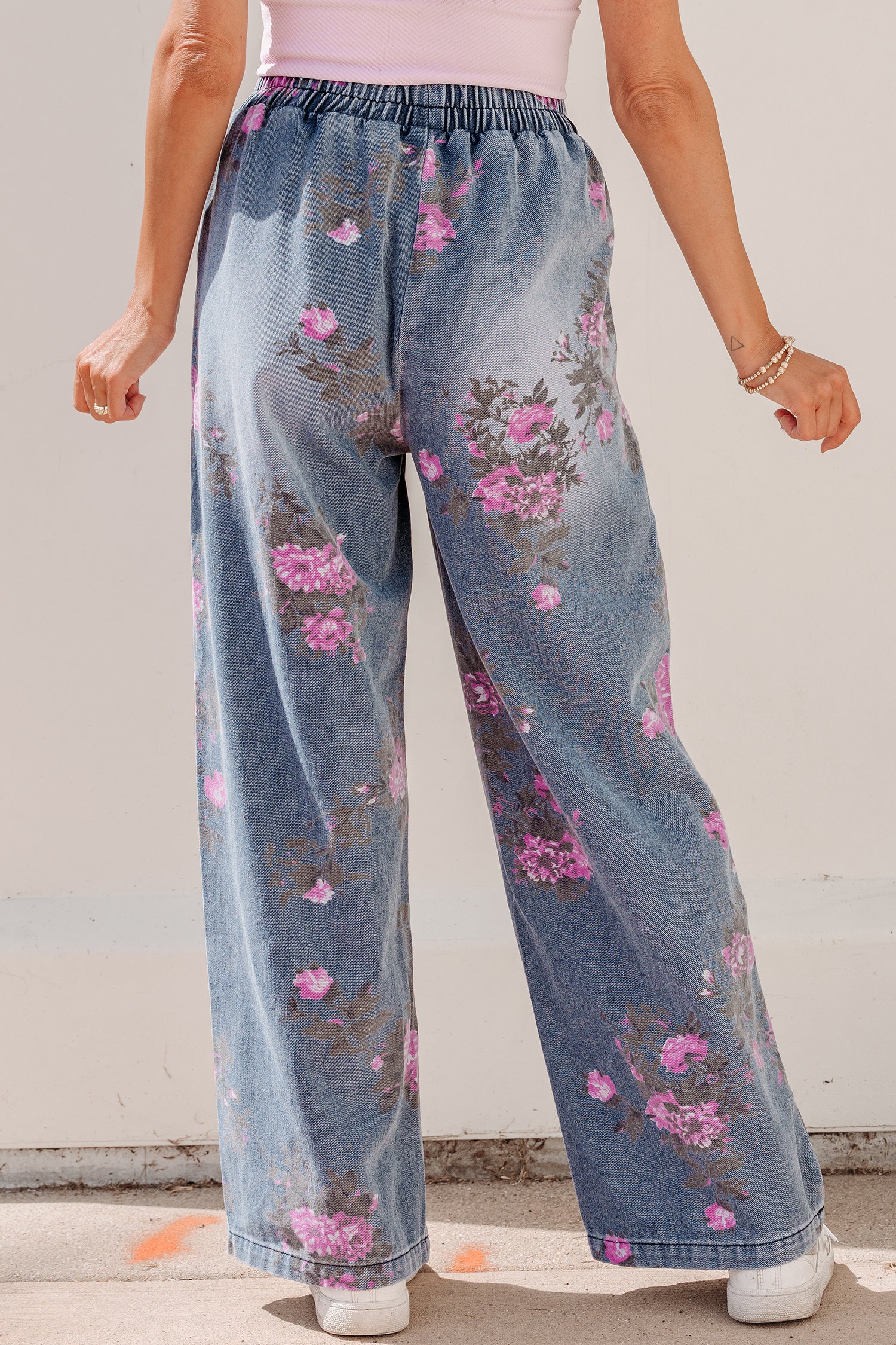 Beau Blue Floral Print Elastic Waist Pull On Casual Jeans-Bottoms/Jeans-[Adult]-[Female]-2022 Online Blue Zone Planet