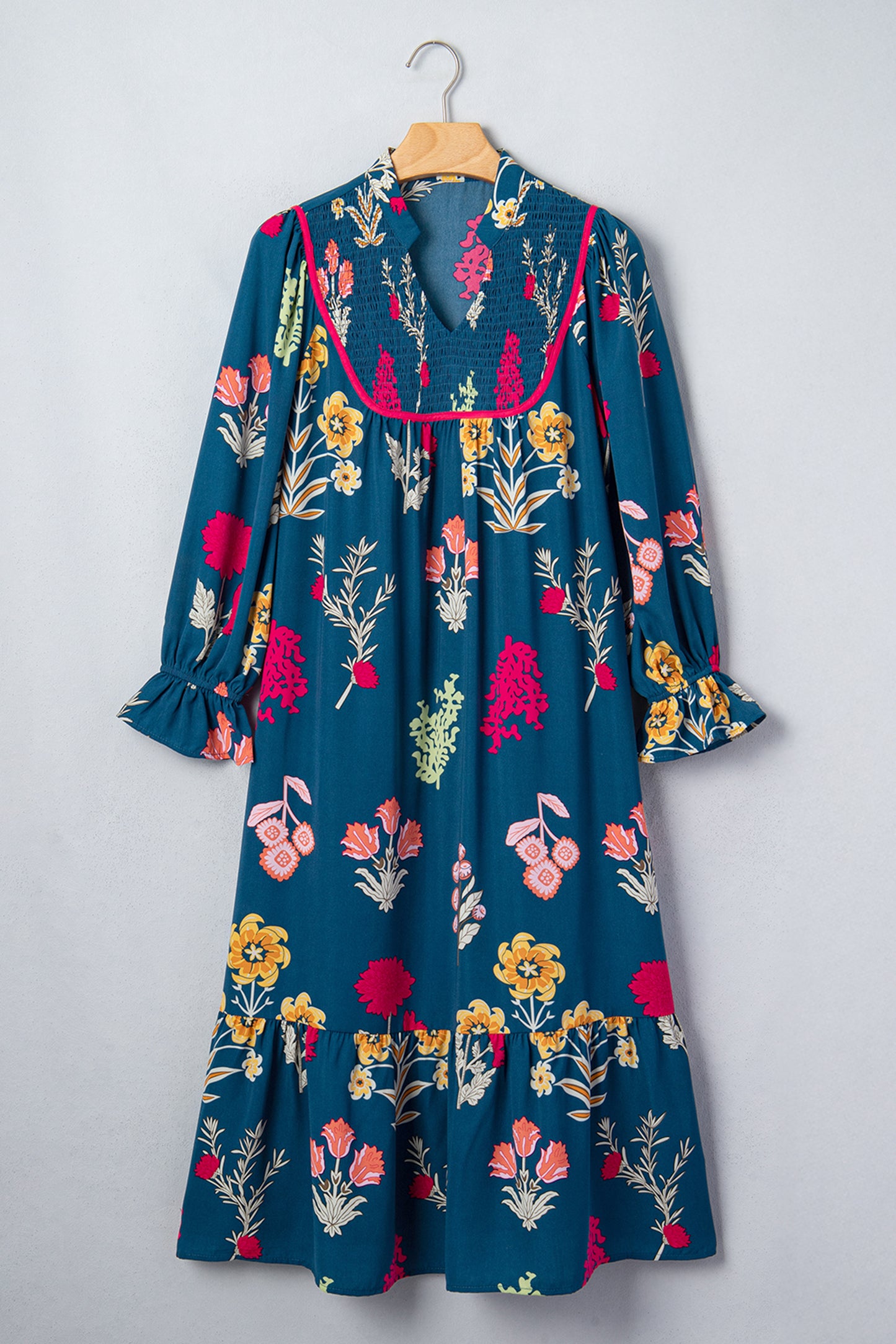 Blue Floral Print Gathered Neckline 7/8 Sleeve Casual Midi Dress-TOPS / DRESSES-[Adult]-[Female]-2022 Online Blue Zone Planet