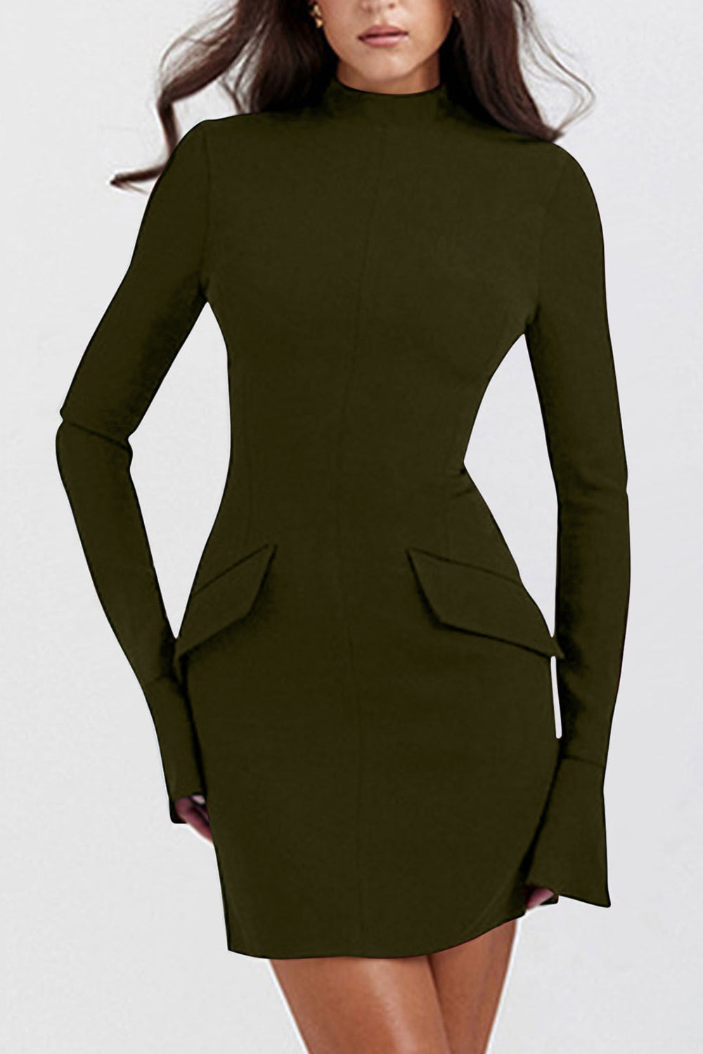 Mock Neck Long Sleeve Mini Dress-TOPS / DRESSES-[Adult]-[Female]-Army Green-XS-2022 Online Blue Zone Planet