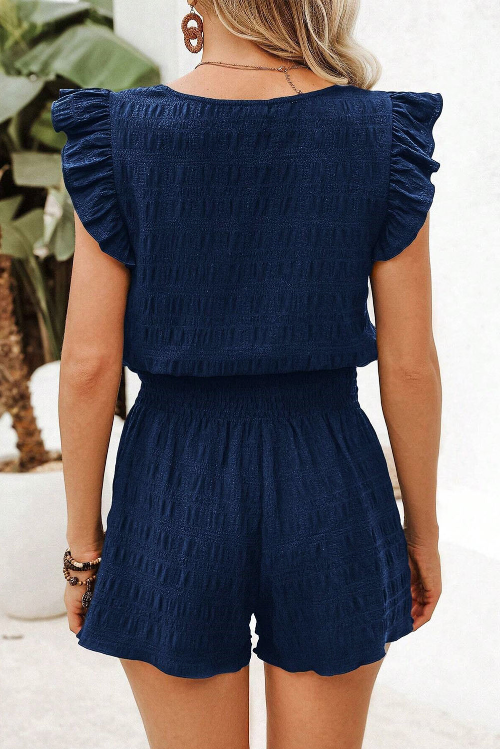 Dirty blue Textured Square Neck Top and Shirred High Waist Shorts Set-Two Piece Sets/Short Sets-[Adult]-[Female]-2022 Online Blue Zone Planet