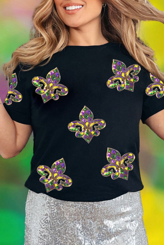 Black Maid Gras Sequin Fleur De Lis Graphic T Shirt-Graphic/Graphic Tees-[Adult]-[Female]-Black-S-2022 Online Blue Zone Planet