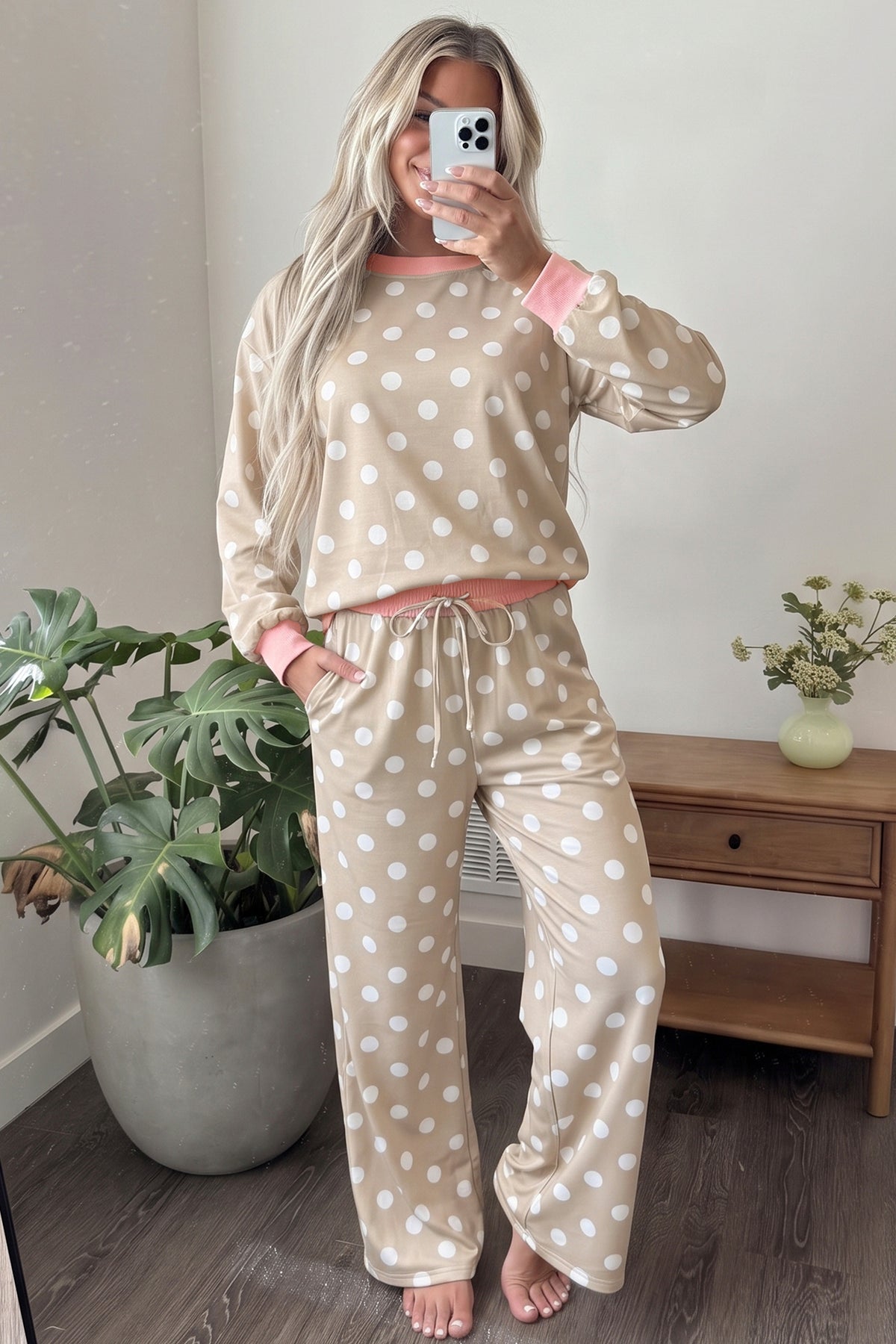 Khaki Polka Dot Contrast Trim Long Sleeve Top Drawstring Shift Pants Set-Two Piece Sets/Pant Sets-[Adult]-[Female]-2022 Online Blue Zone Planet