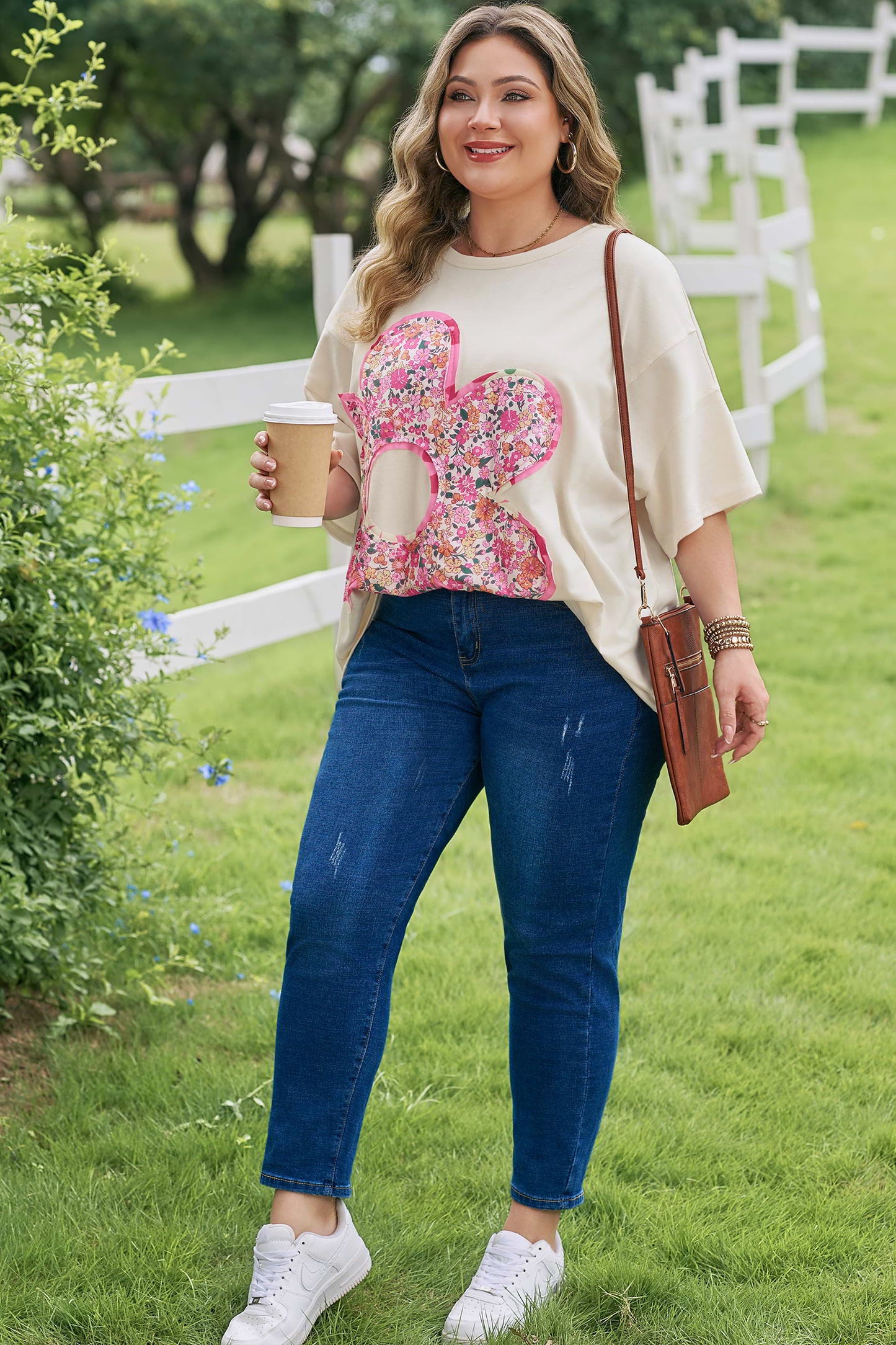 Jet Stream Big Flower Patched Plus Size Tunic T-Shirt-Plus Size/Plus Size Tops/Plus Size Tops & Tees-[Adult]-[Female]-2022 Online Blue Zone Planet
