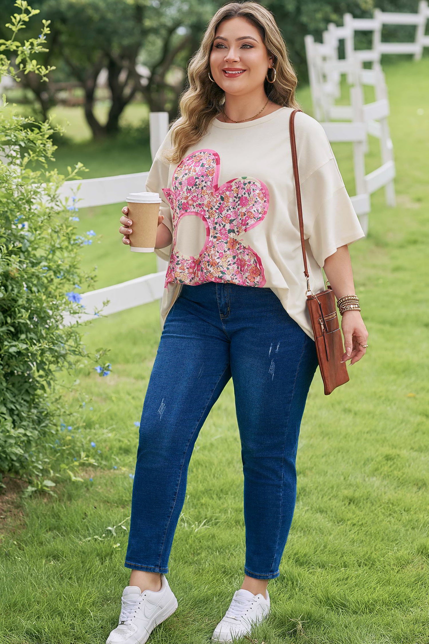 Jet Stream Big Flower Patched Plus Size Tunic T-Shirt-Plus Size/Plus Size Tops/Plus Size Tops & Tees-[Adult]-[Female]-2022 Online Blue Zone Planet