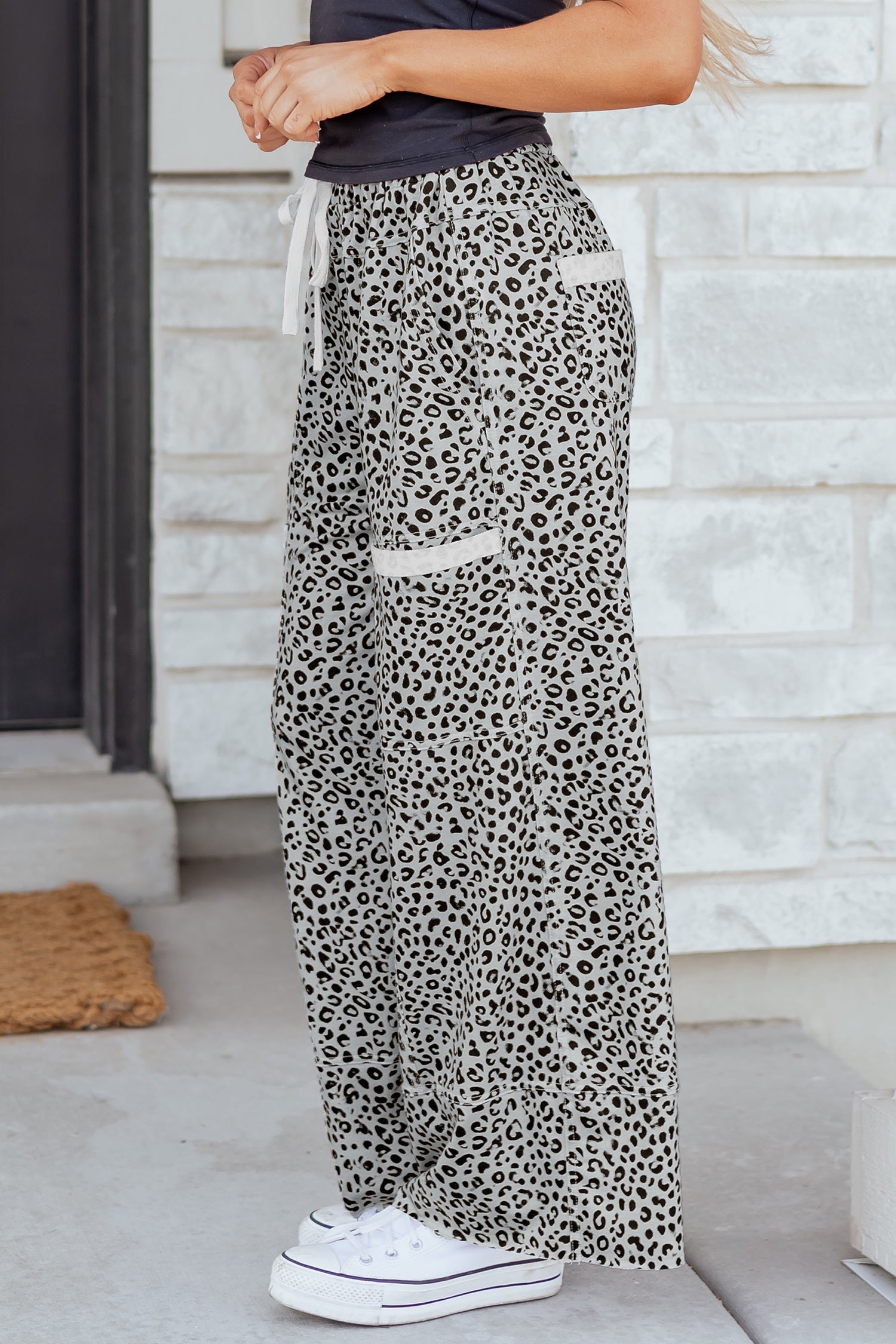 Gray Animal Print Wide Leg Terry Knit Pants-Bottoms/Pants & Culotte-[Adult]-[Female]-2022 Online Blue Zone Planet