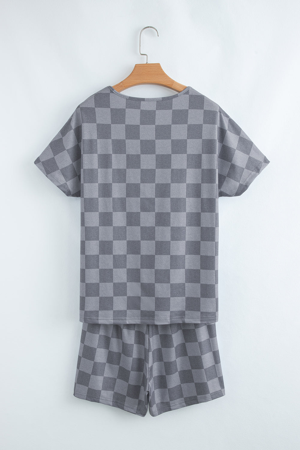 Gray Checkered V Neck Tee Drawstring Shorts Lounge Set-Loungewear & Sleepwear/Loungewear-[Adult]-[Female]-2022 Online Blue Zone Planet
