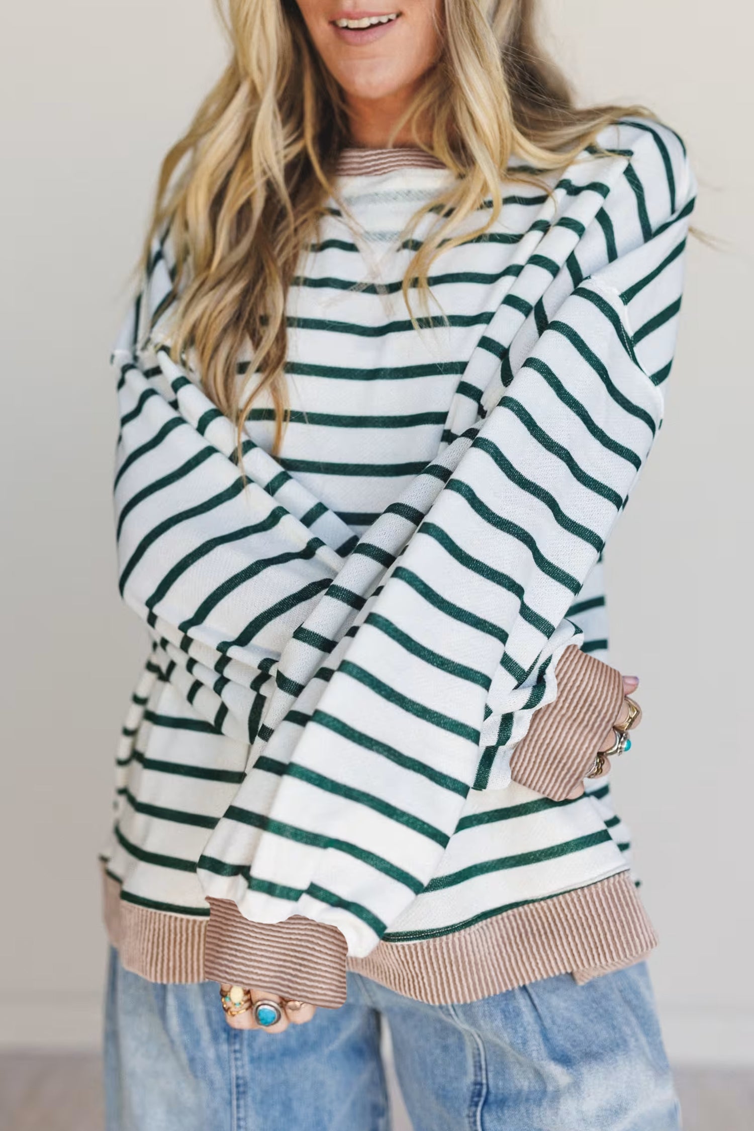 White Stripe Twisted Ribbed Patchwork Drop Shoulder Round Neck Sweatshirt-Tops/Sweatshirts & Hoodies-[Adult]-[Female]-White Stripe-S-2022 Online Blue Zone Planet