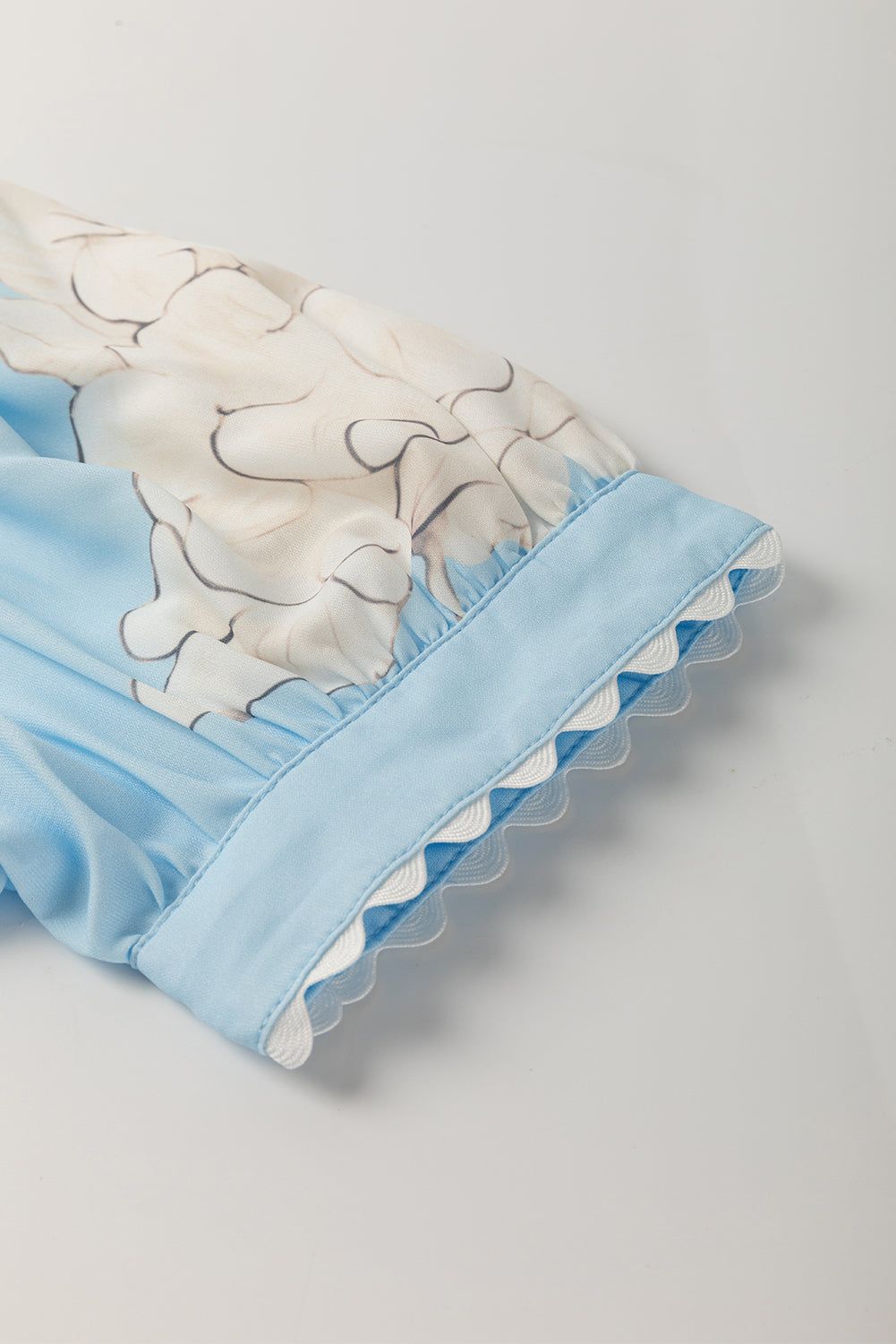 Sky Blue Floral Ric Rac Edge Puff Sleeve Button Up Summer Shirt-Tops/Blouses & Shirts-[Adult]-[Female]-2022 Online Blue Zone Planet