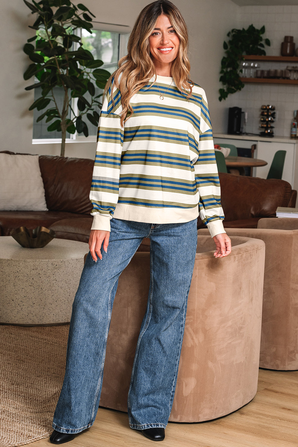 Khaki Stripe Crew Neck Drop Shoulder Pullover Sweatshirt-Tops/Sweatshirts & Hoodies-[Adult]-[Female]-2022 Online Blue Zone Planet