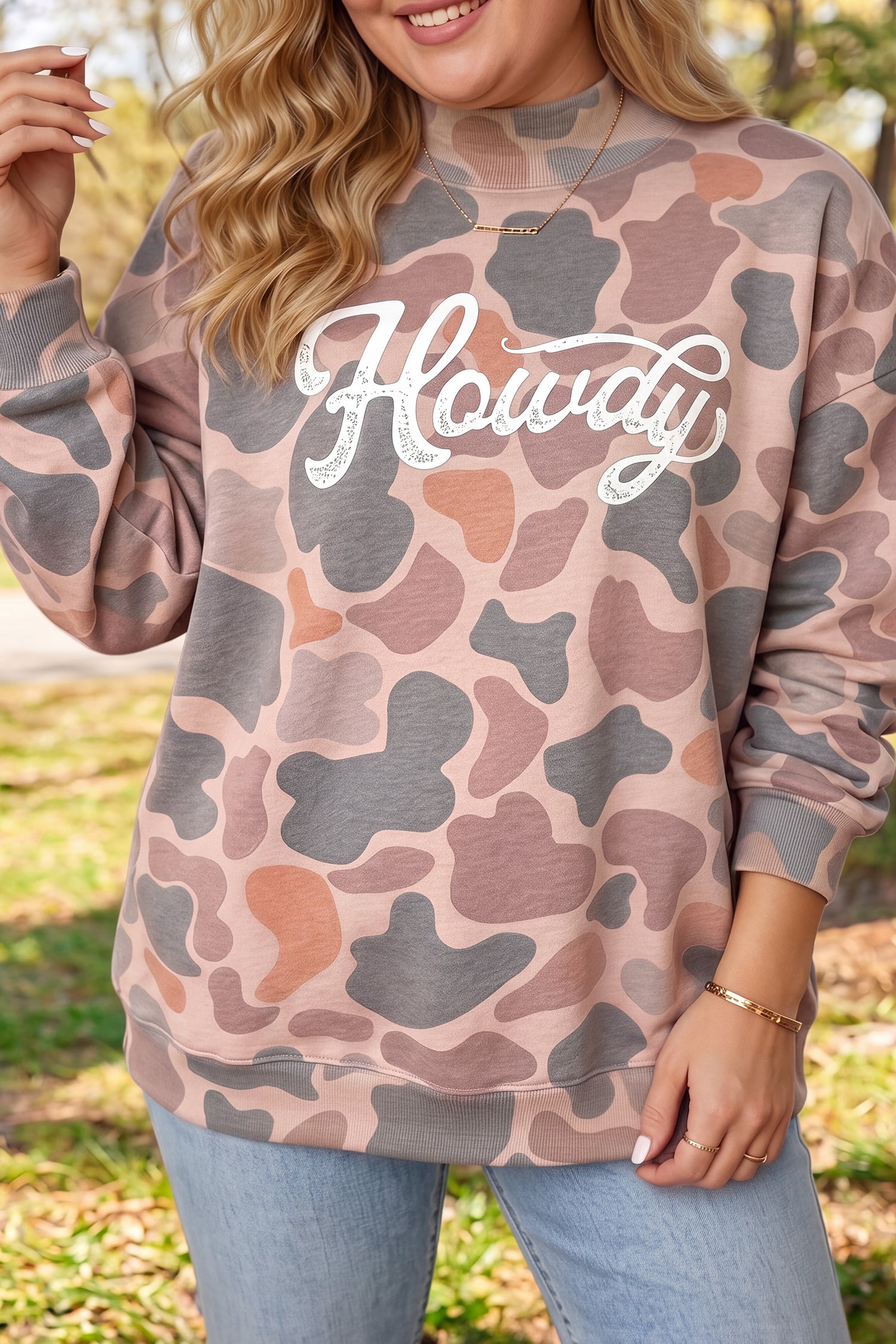 Multicolour Camouflage Western Graphic Plus Size Sweatshirt-Plus Size/Plus Size Sweatshirts & Hoodies-[Adult]-[Female]-2022 Online Blue Zone Planet