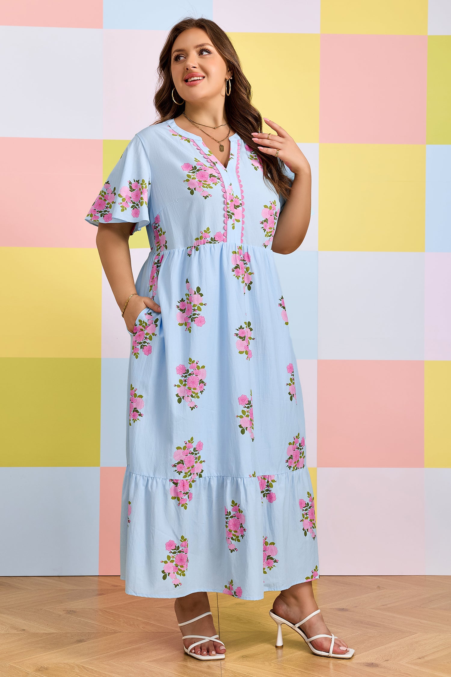 Sky Blue Plus Size Floral Print Scalloped Trim V-Neck Dress-Plus Size/Plus Size Dresses/Plus Size Maxi Dresses-[Adult]-[Female]-2022 Online Blue Zone Planet