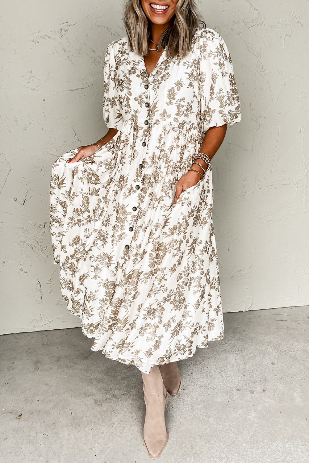 Khaki Floral Puff Sleeve V Neck Buttoned Front Maxi Dress-Dresses/Maxi Dresses-[Adult]-[Female]-Khaki-S-2022 Online Blue Zone Planet